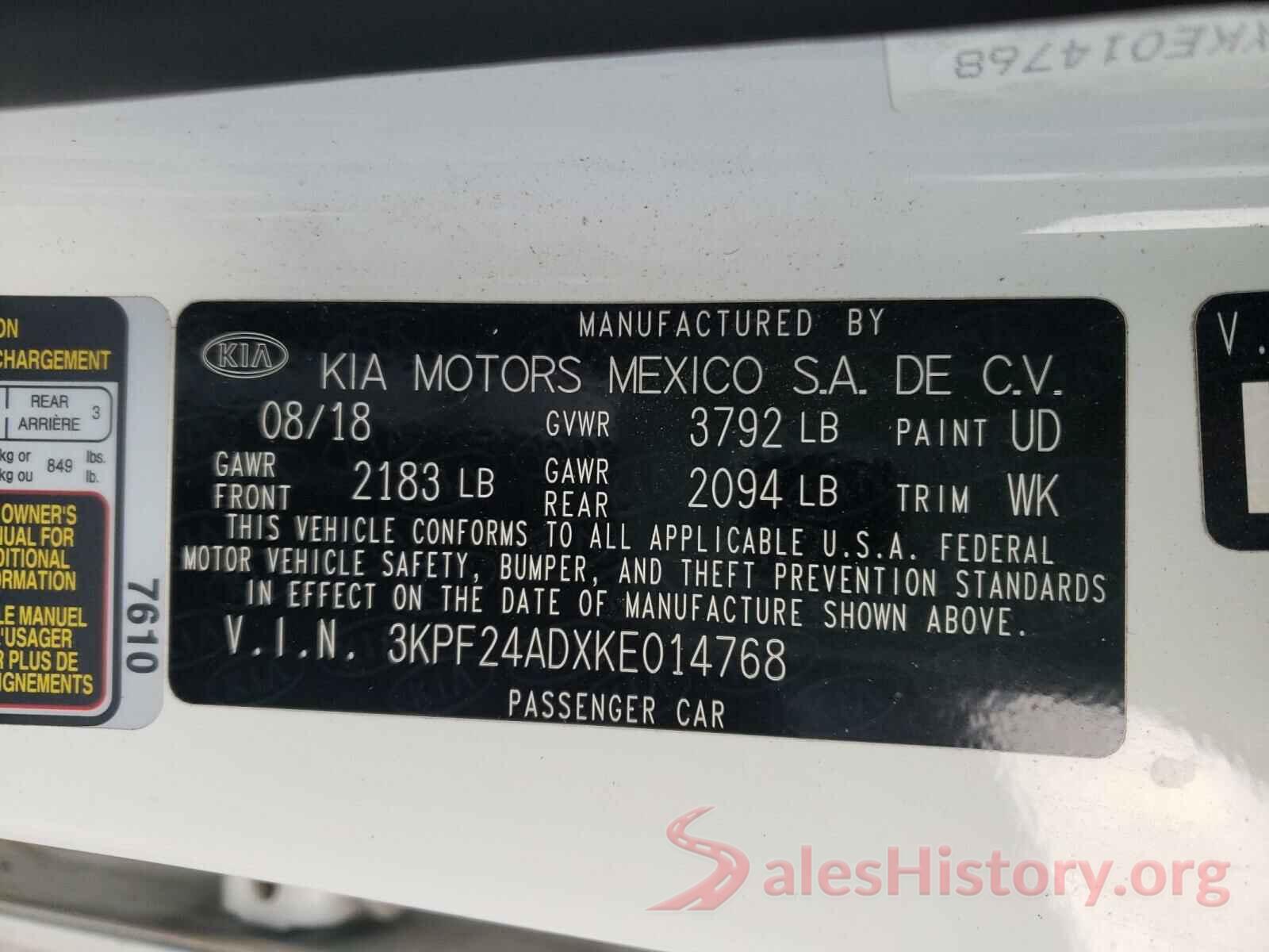 3KPF24ADXKE014768 2019 KIA FORTE