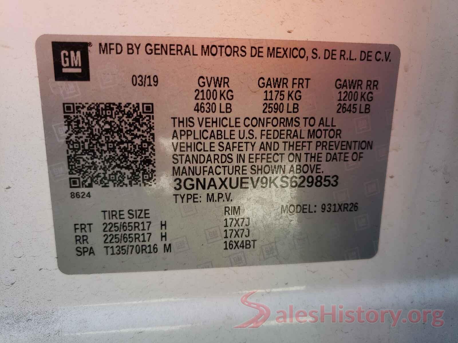 3GNAXUEV9KS629853 2019 CHEVROLET EQUINOX