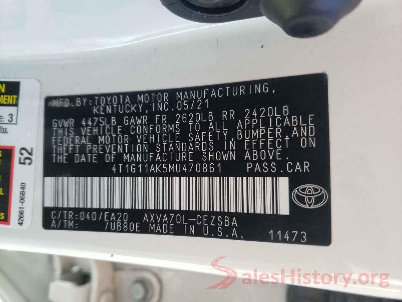 4T1G11AK5MU470861 2021 TOYOTA CAMRY