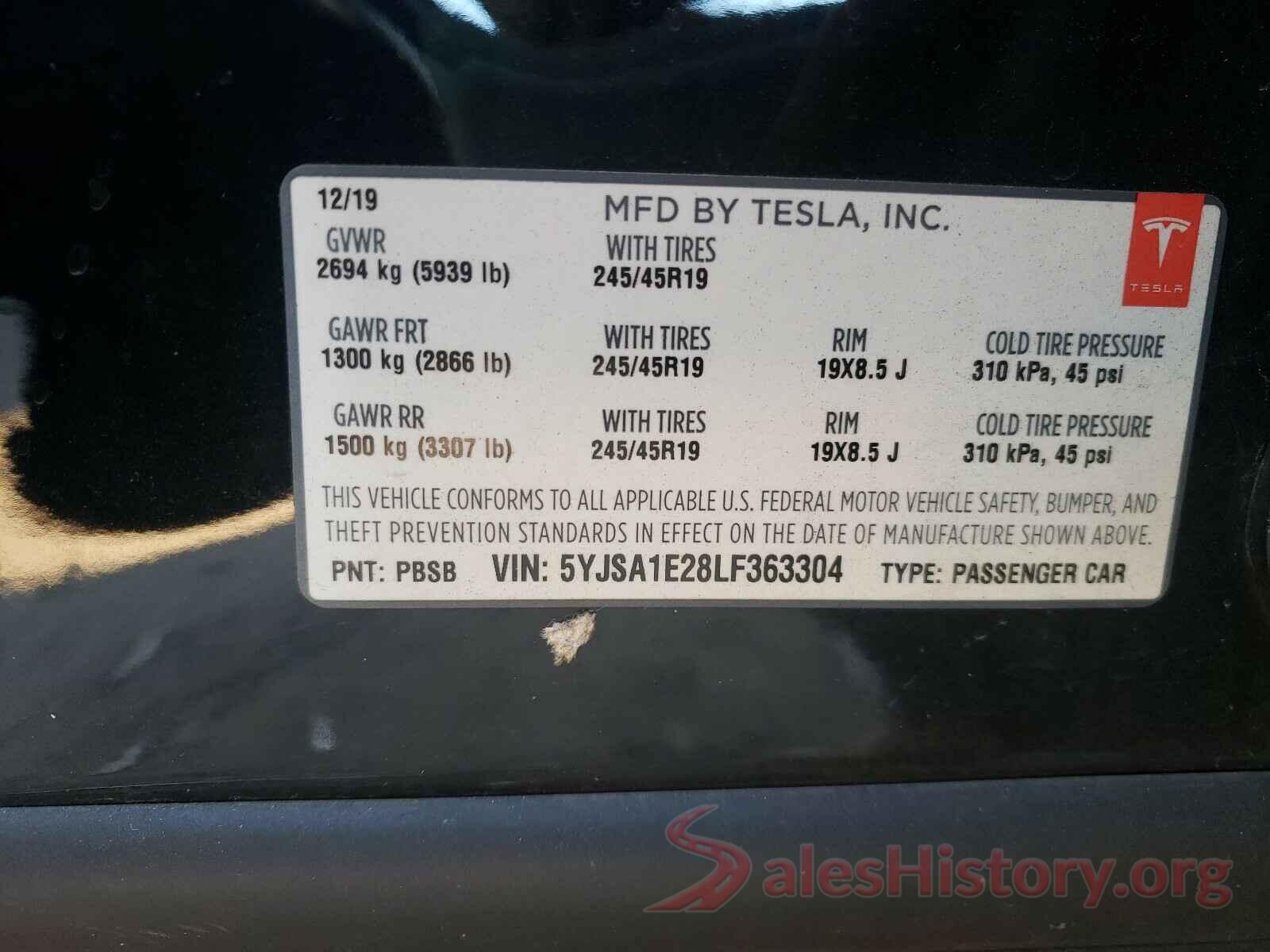 5YJSA1E28LF363304 2020 TESLA MODEL S