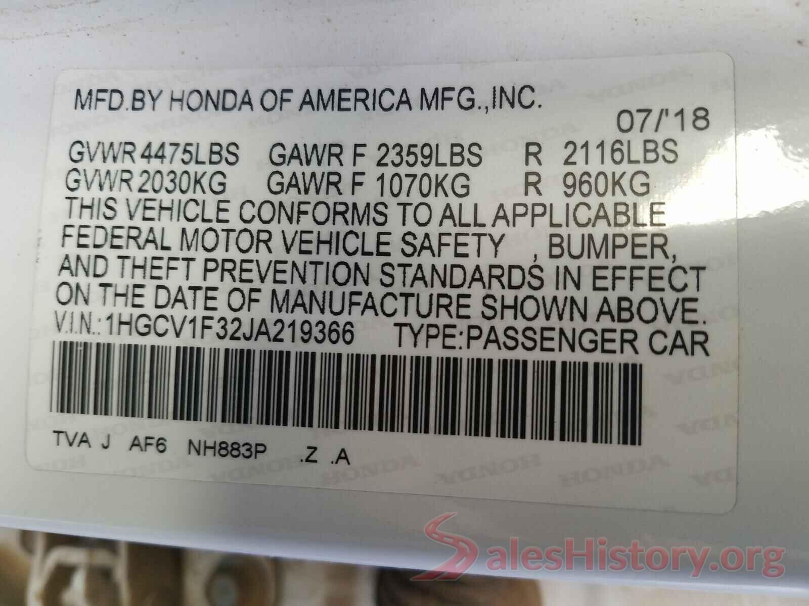 1HGCV1F32JA219366 2018 HONDA ACCORD