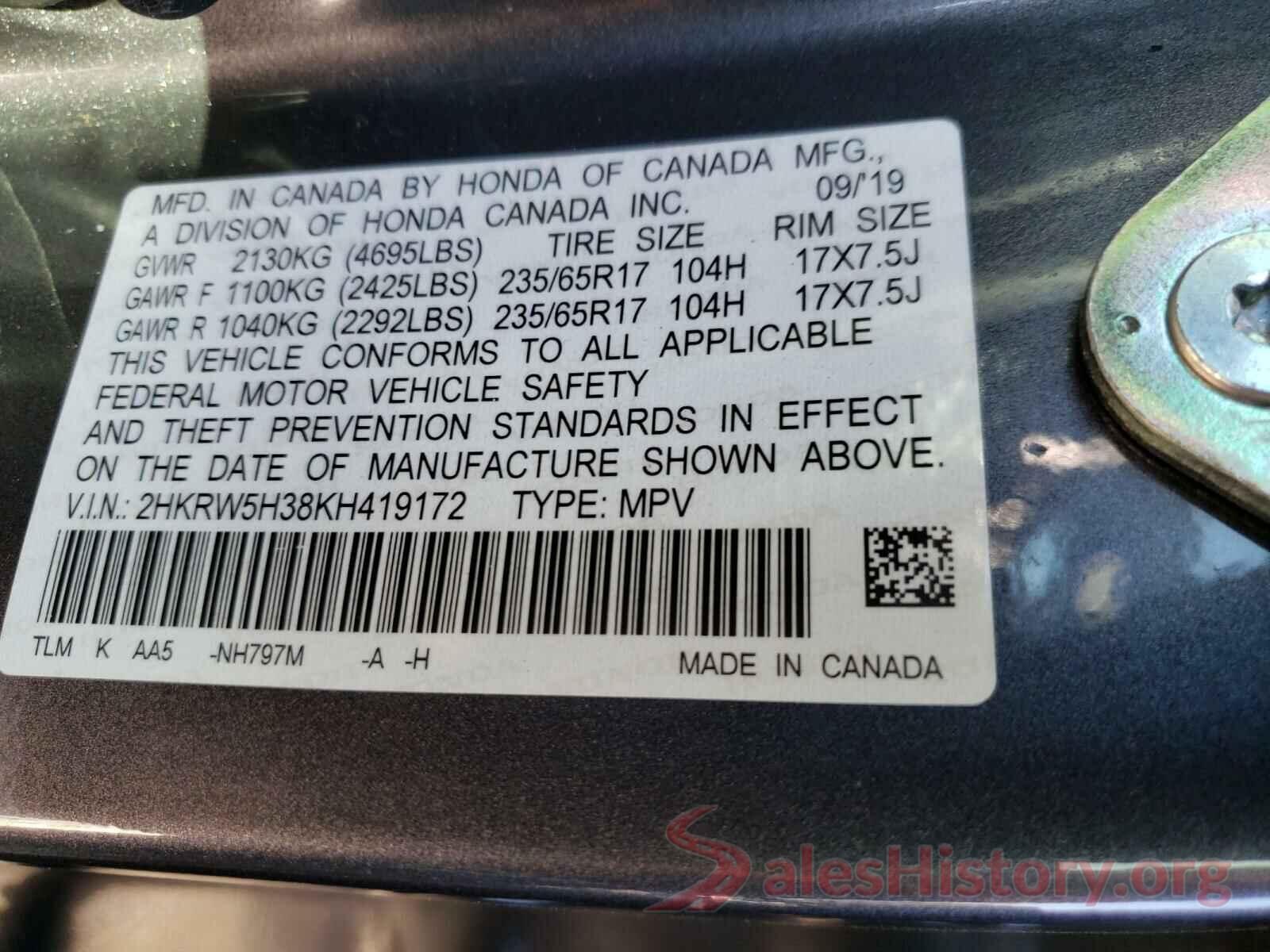 2HKRW5H38KH419172 2019 HONDA CRV