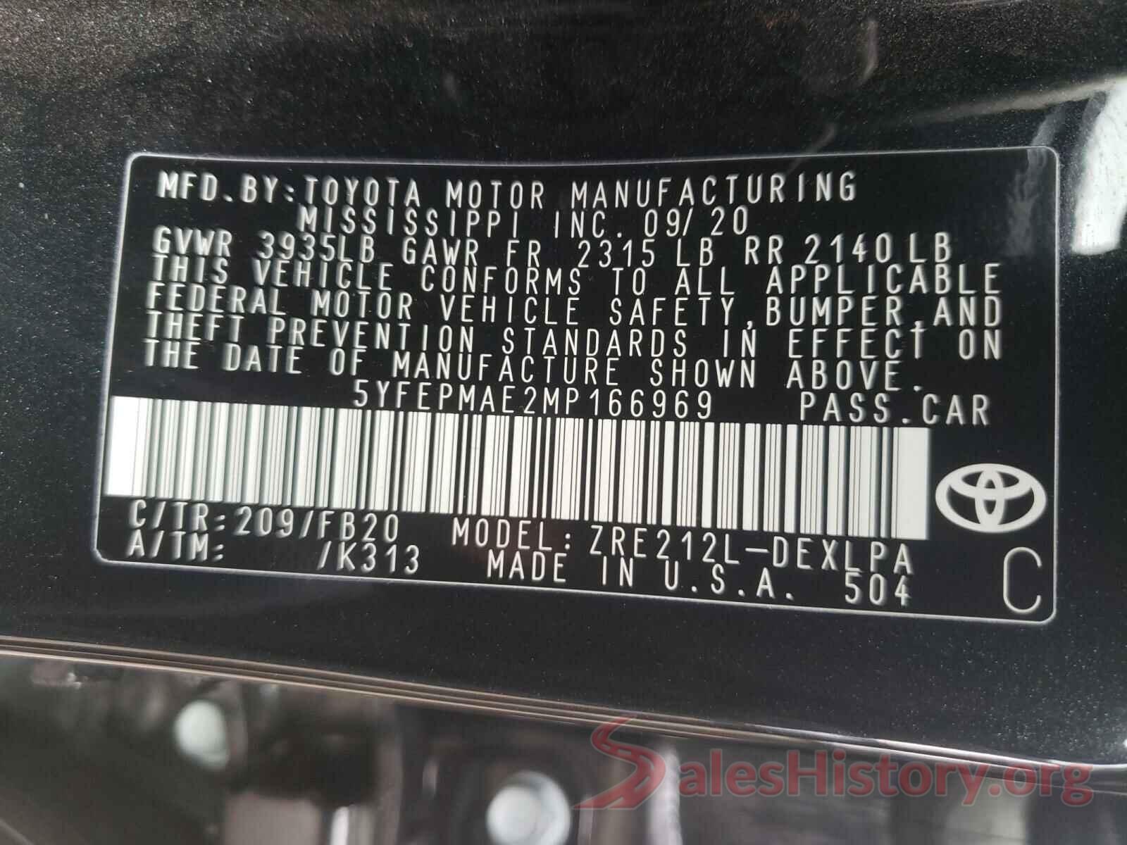 5YFEPMAE2MP166969 2021 TOYOTA COROLLA