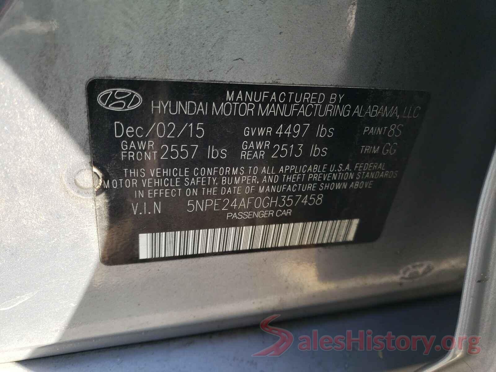 5NPE24AF0GH357458 2016 HYUNDAI SONATA