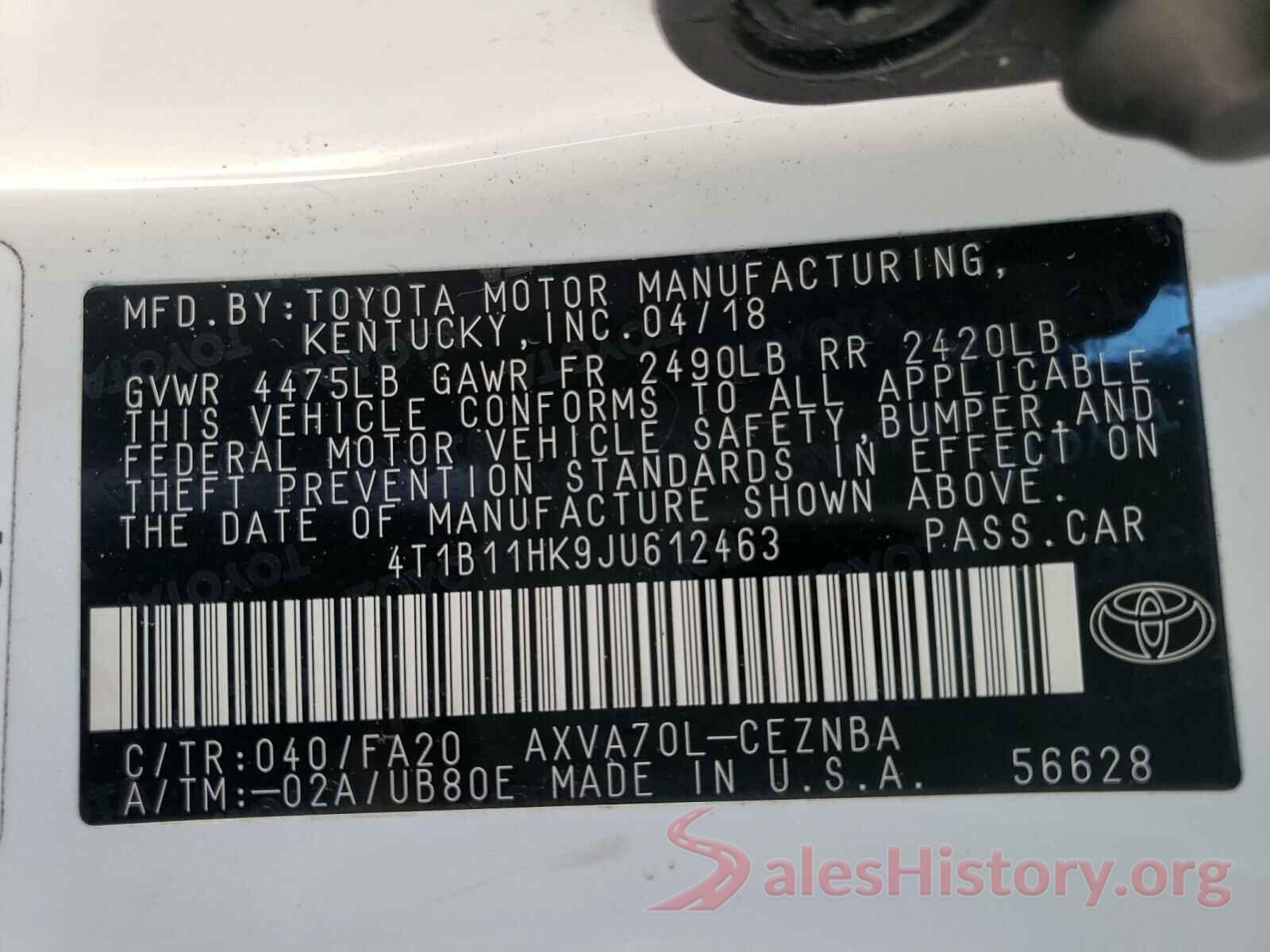 4T1B11HK9JU612463 2018 TOYOTA CAMRY