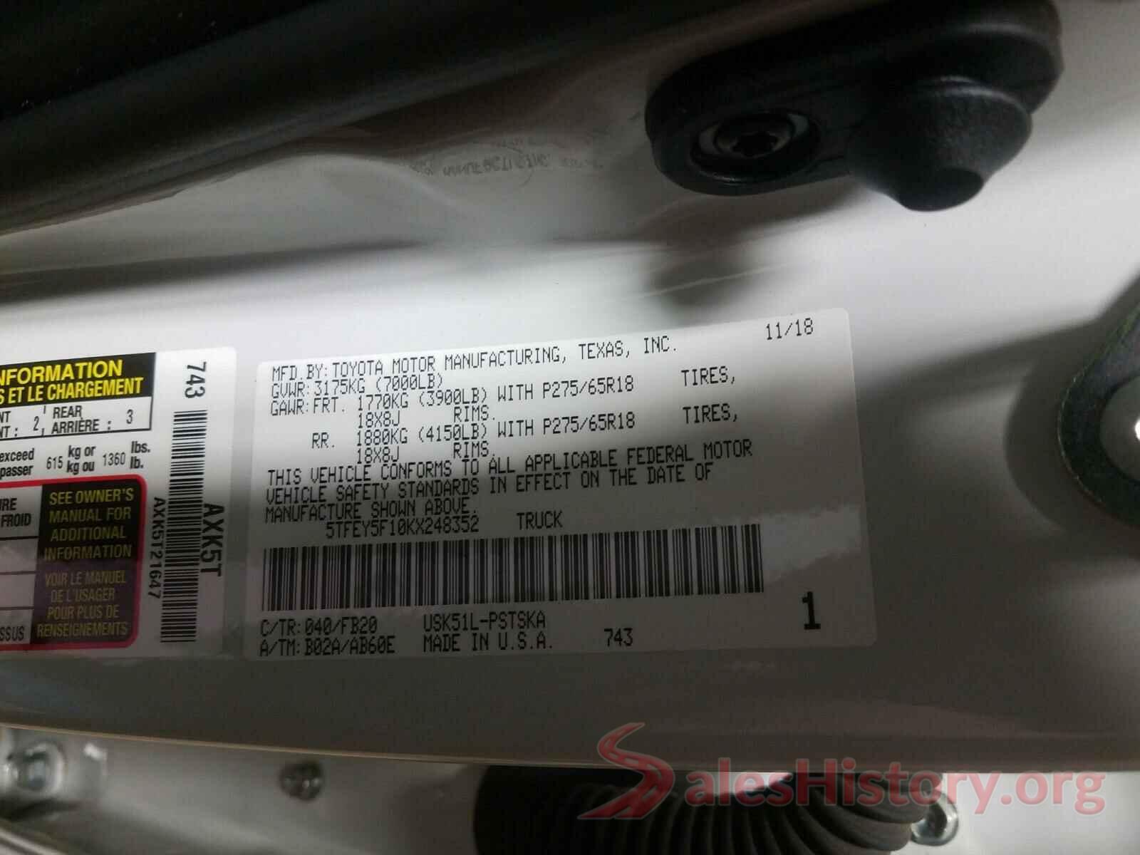 5TFEY5F10KX248352 2019 TOYOTA TUNDRA