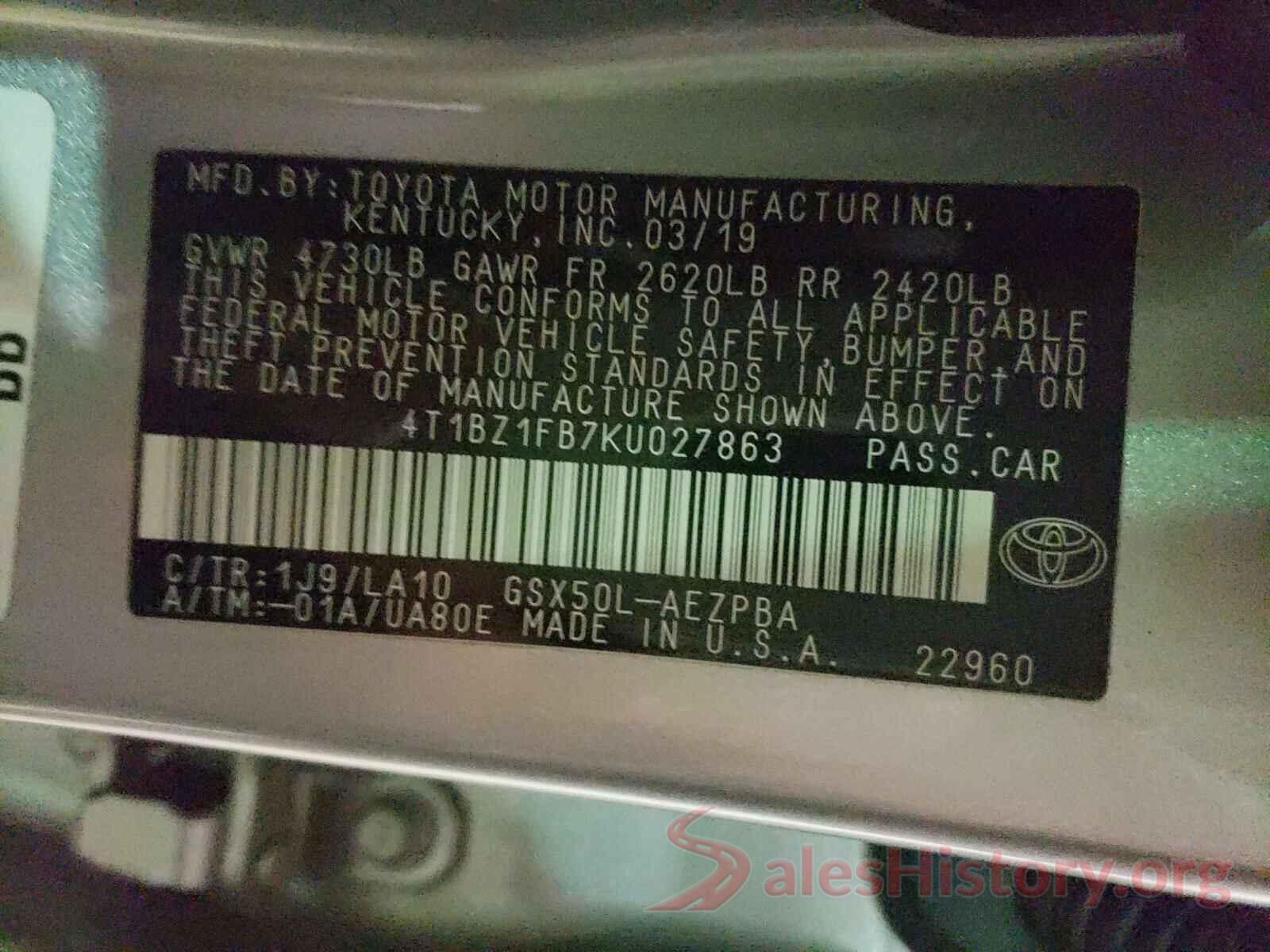 4T1BZ1FB7KU027863 2019 TOYOTA AVALON