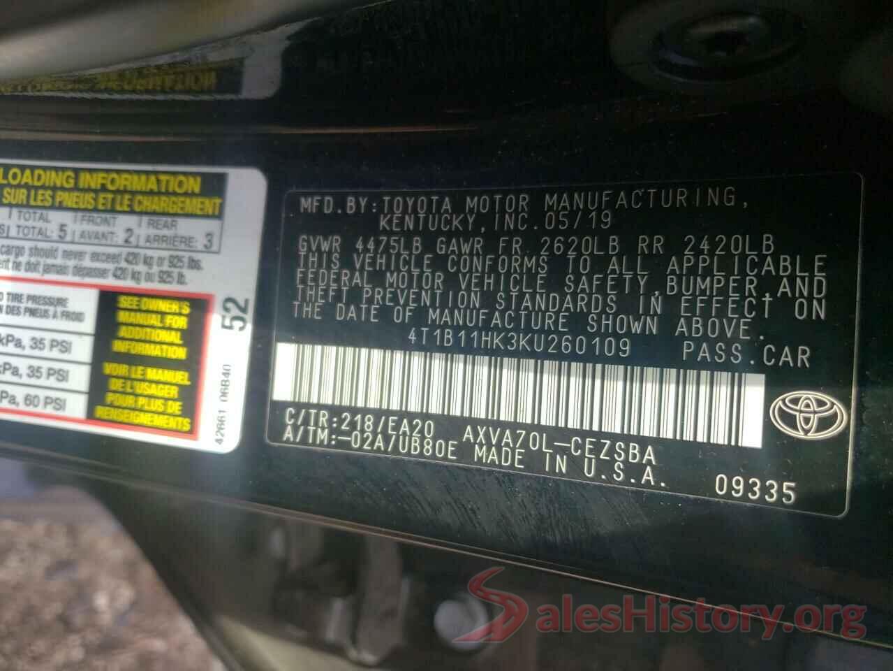 4T1B11HK3KU260109 2019 TOYOTA CAMRY