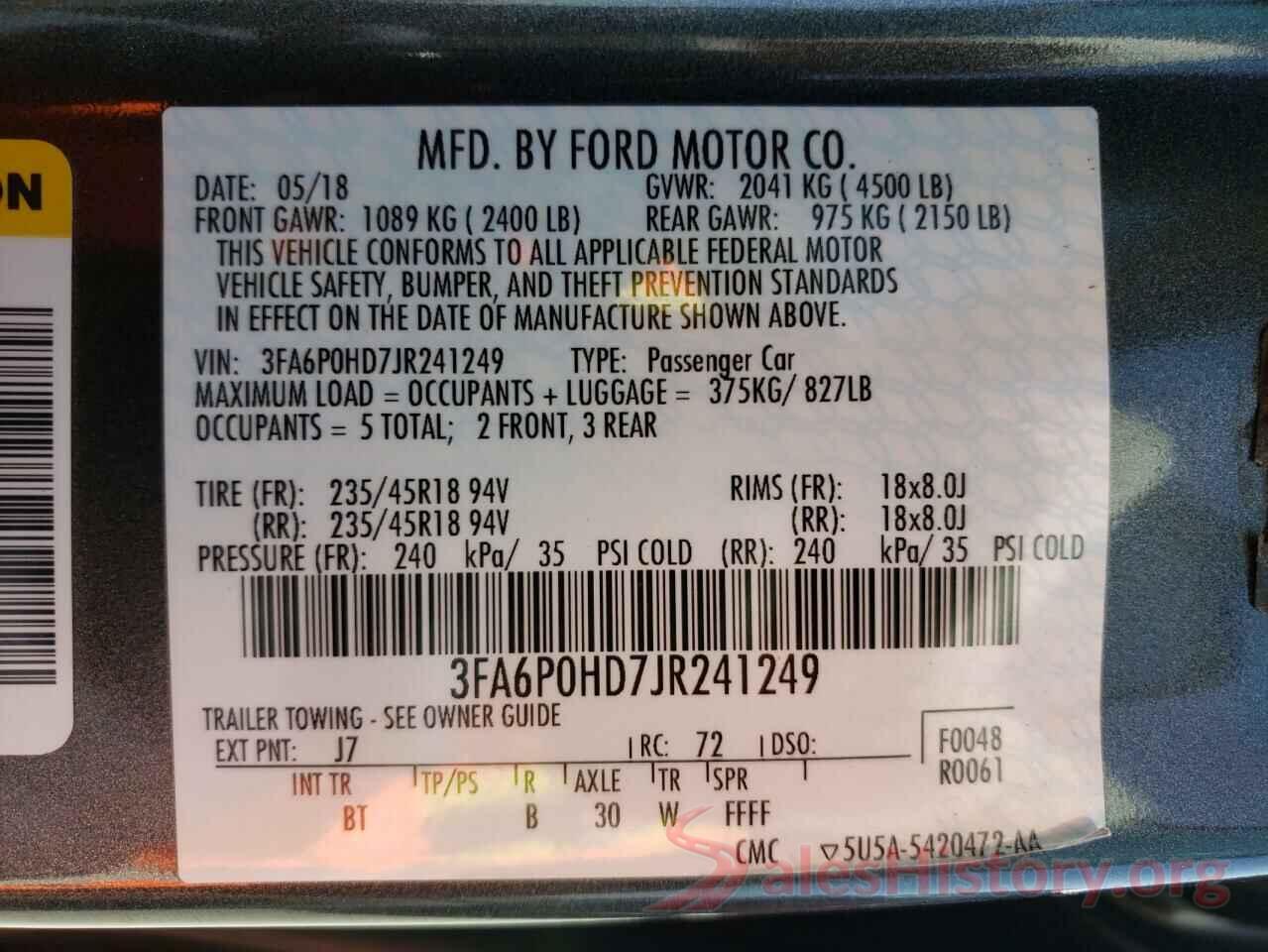 3FA6P0HD7JR241249 2018 FORD FUSION