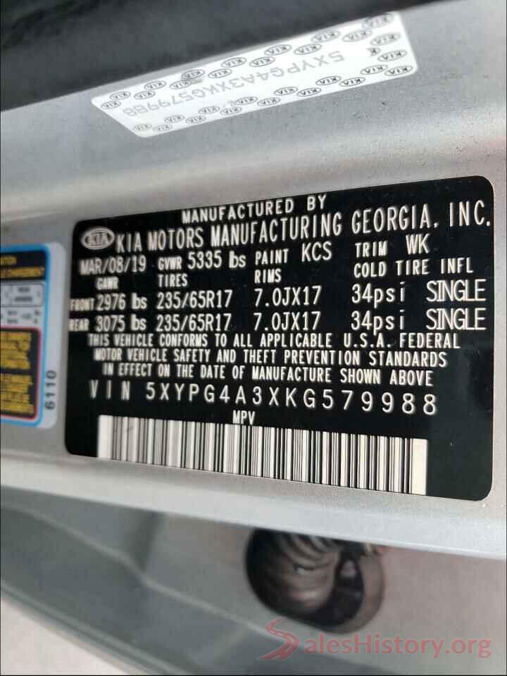 5XYPG4A3XKG579988 2019 KIA SORENTO