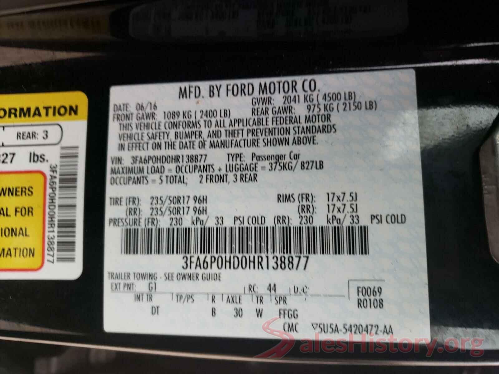 3FA6P0HD0HR138877 2017 FORD FUSION