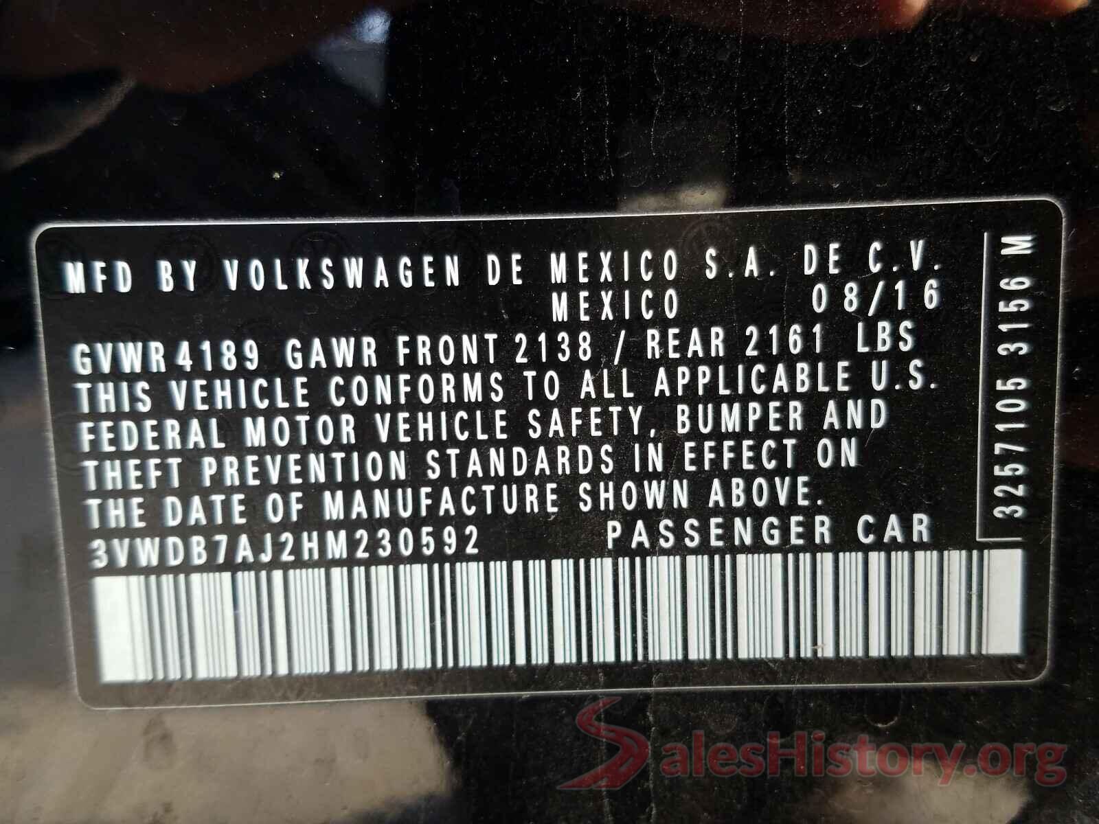 3VWDB7AJ2HM230592 2017 VOLKSWAGEN JETTA