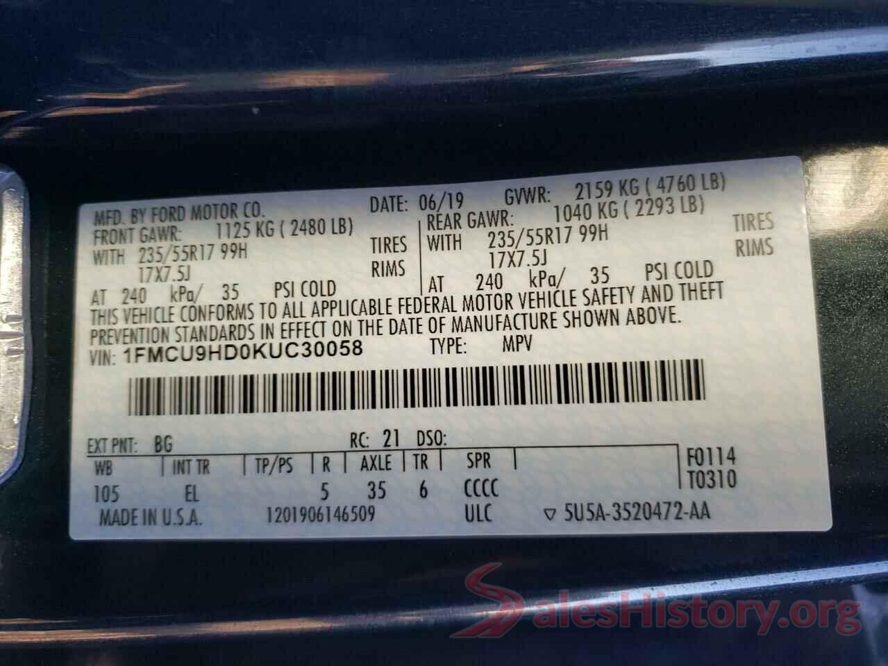 1FMCU9HD0KUC30058 2019 FORD ESCAPE