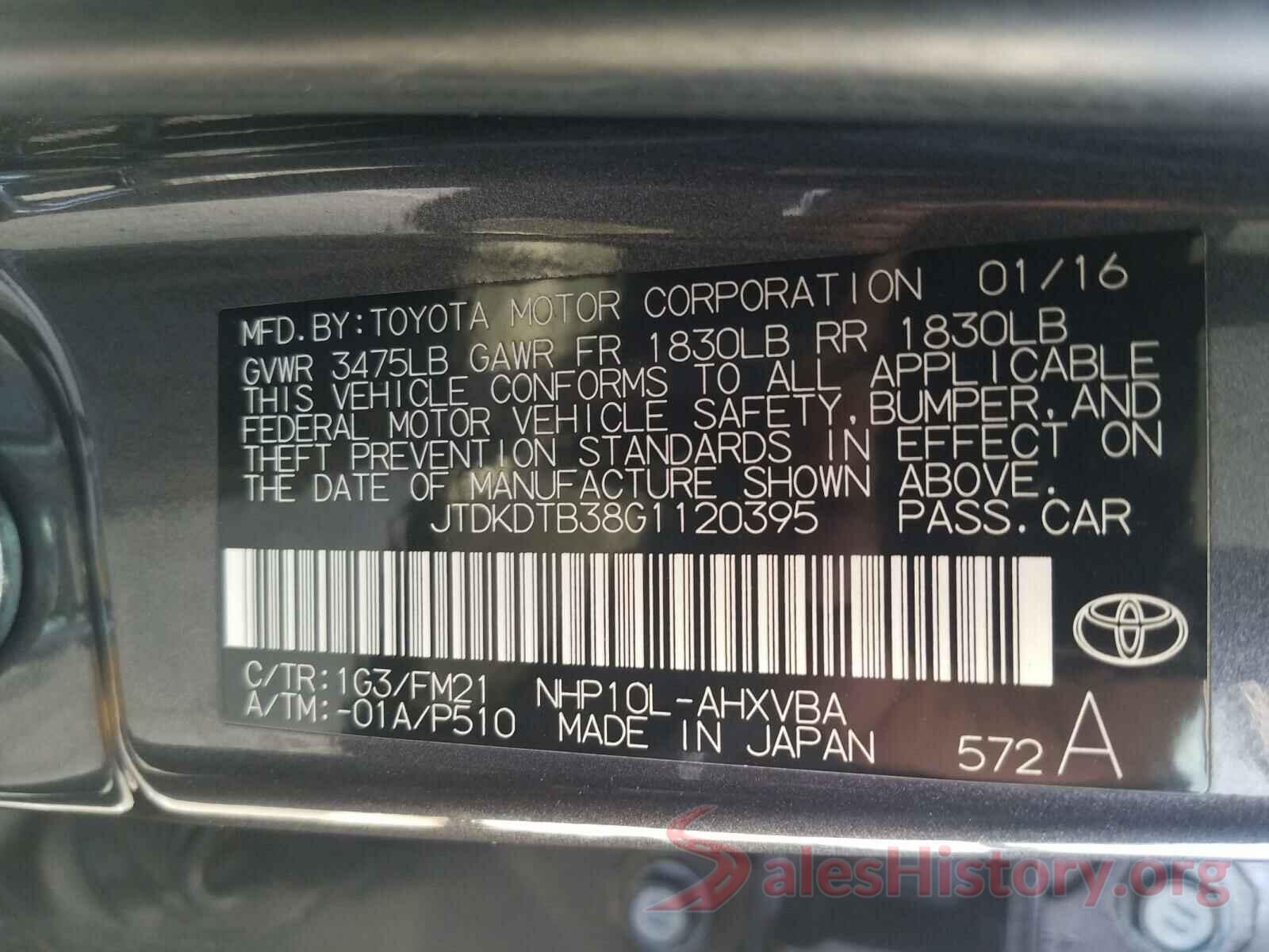 JTDKDTB38G1120395 2016 TOYOTA PRIUS