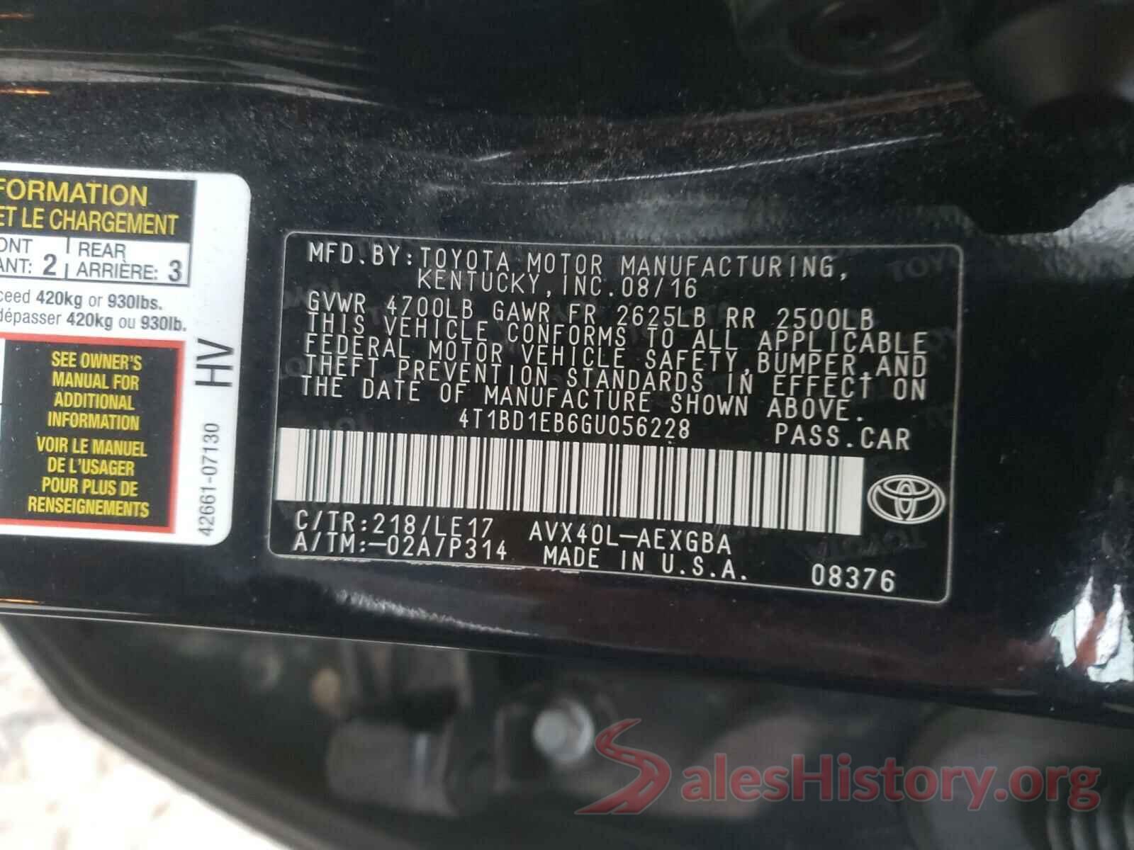 4T1BD1EB6GU056228 2016 TOYOTA AVALON