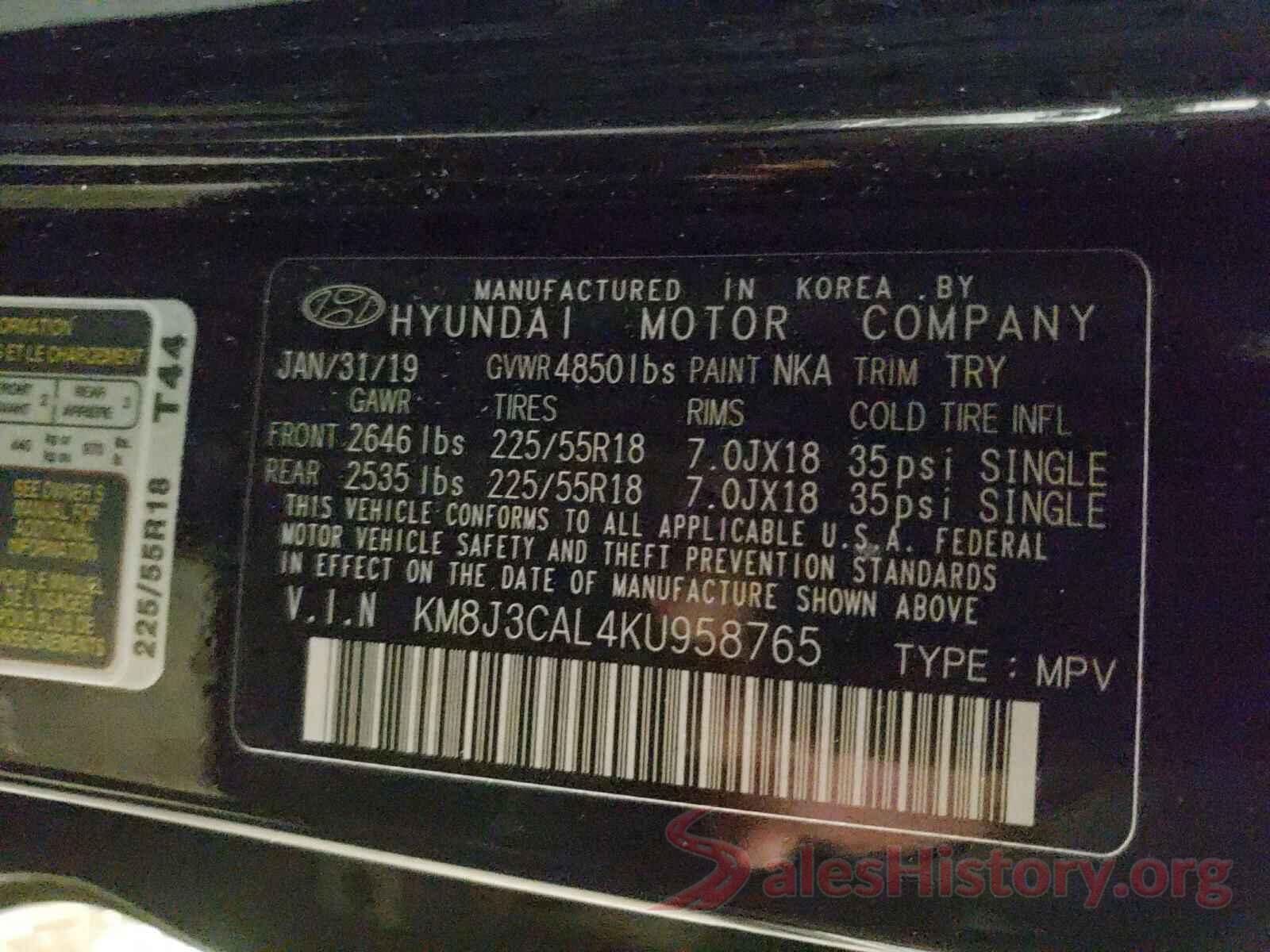 KM8J3CAL4KU958765 2019 HYUNDAI TUCSON