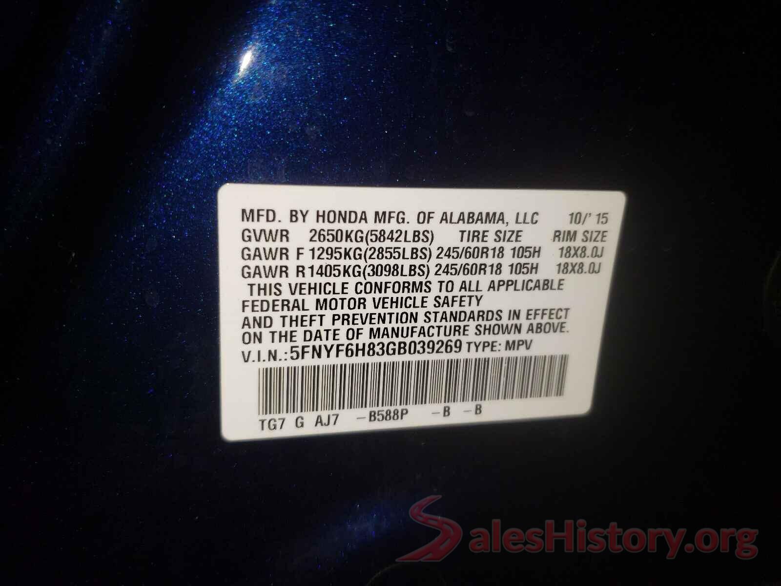 5FNYF6H83GB039269 2016 HONDA PILOT