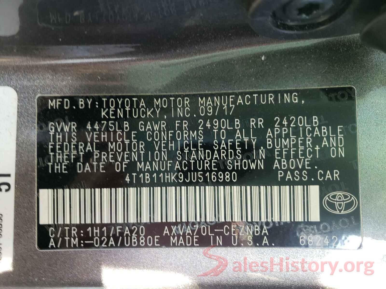 4T1B11HK9JU516980 2018 TOYOTA CAMRY