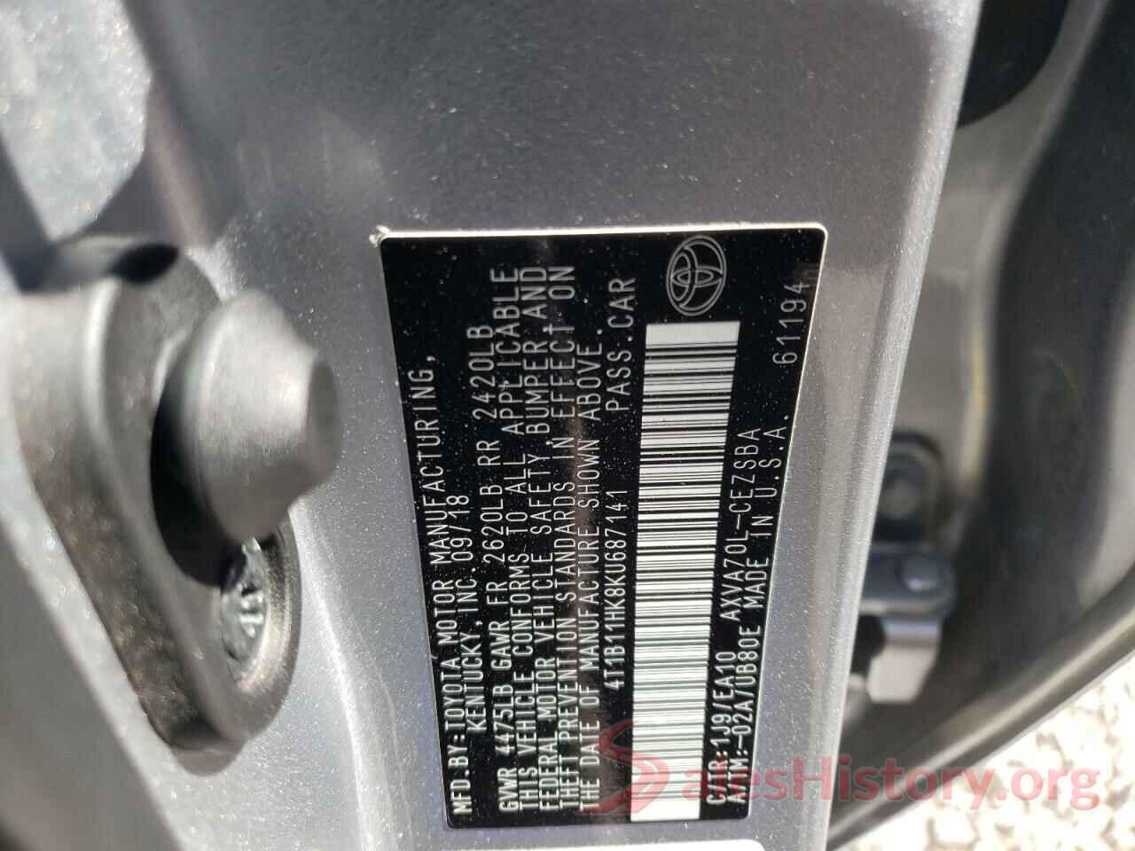 4T1B11HK8KU687141 2019 TOYOTA CAMRY