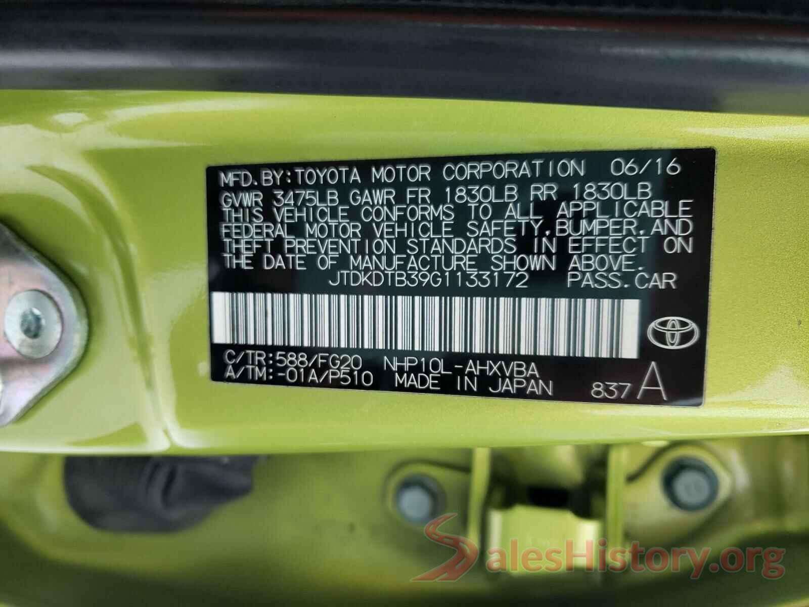 JTDKDTB39G1133172 2016 TOYOTA PRIUS