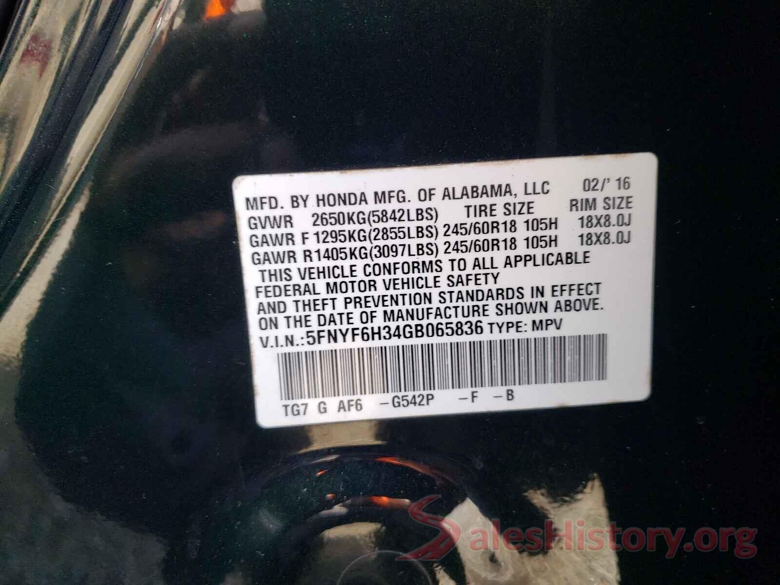 5FNYF6H34GB065836 2016 HONDA PILOT