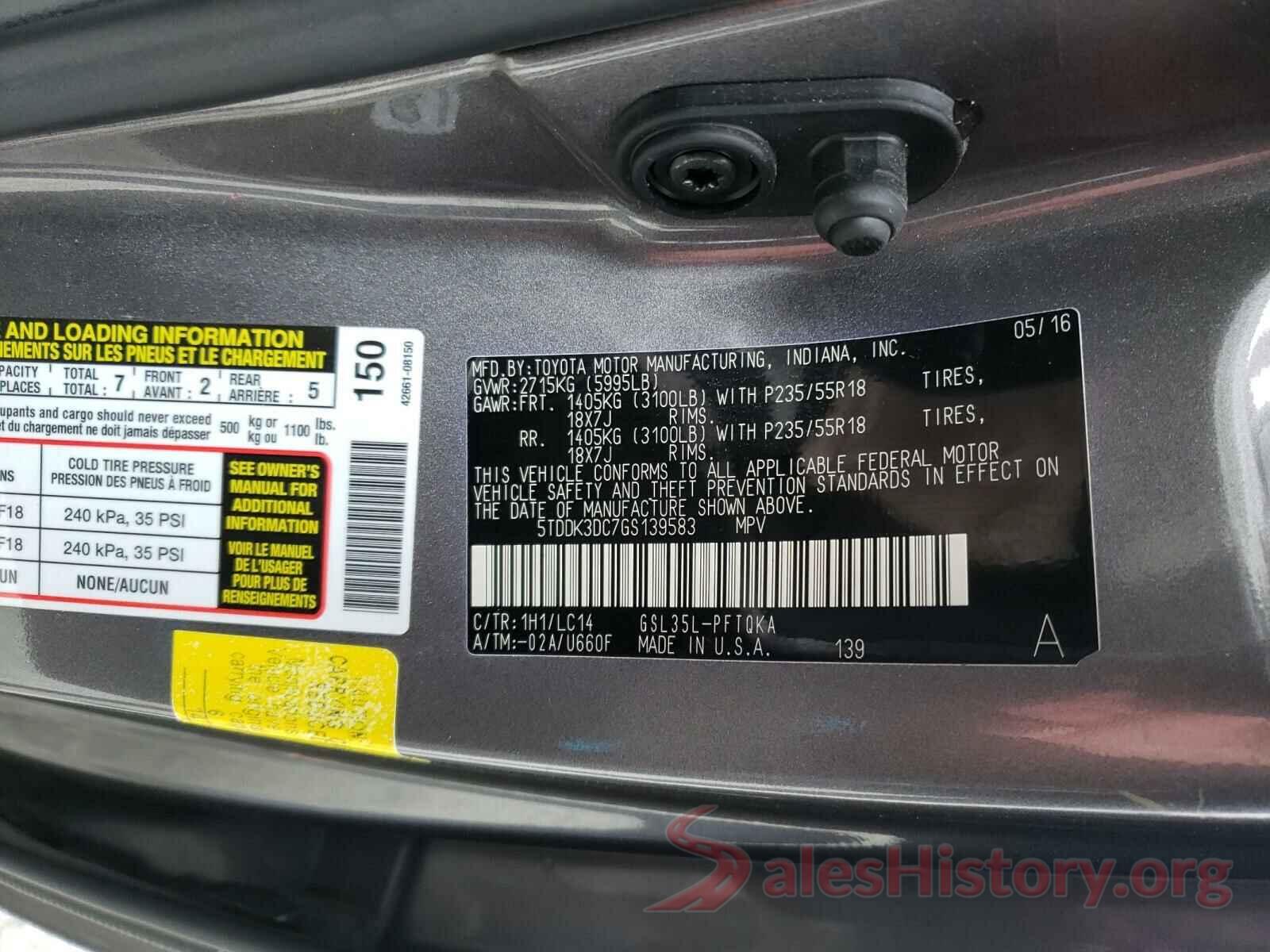 5TDDK3DC7GS139583 2016 TOYOTA SIENNA