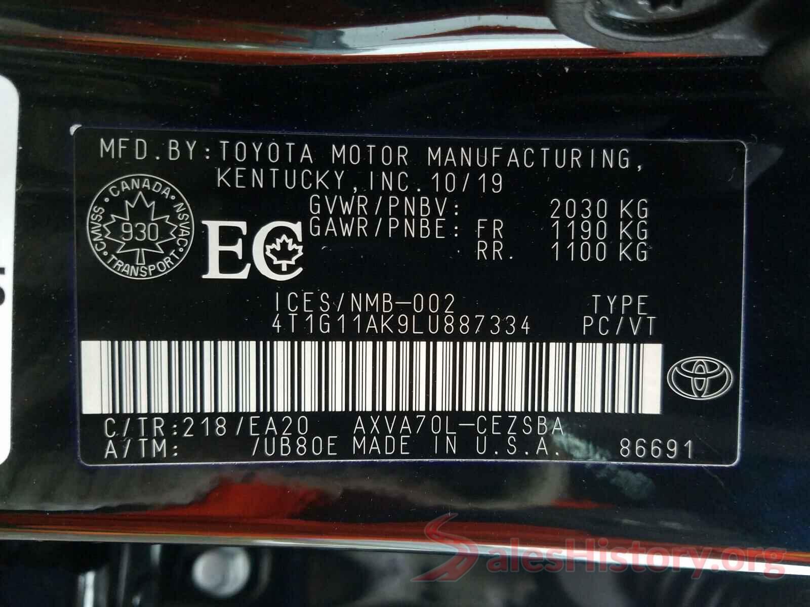 4T1G11AK9LU887334 2020 TOYOTA CAMRY