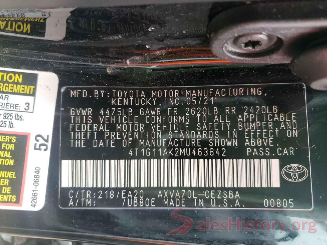 4T1G11AK2MU463642 2021 TOYOTA CAMRY