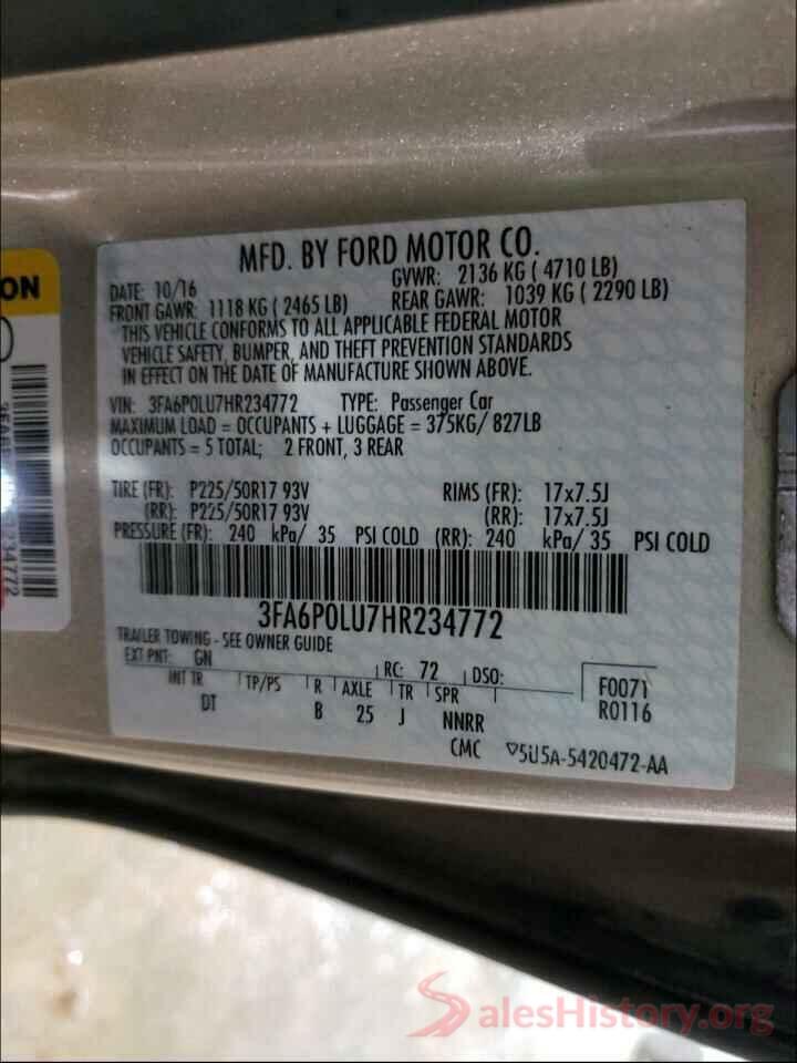 3FA6P0LU7HR234772 2017 FORD FUSION