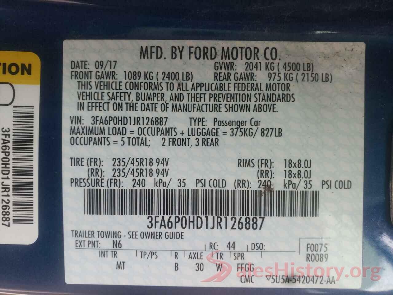 3FA6P0HD1JR126887 2018 FORD FUSION