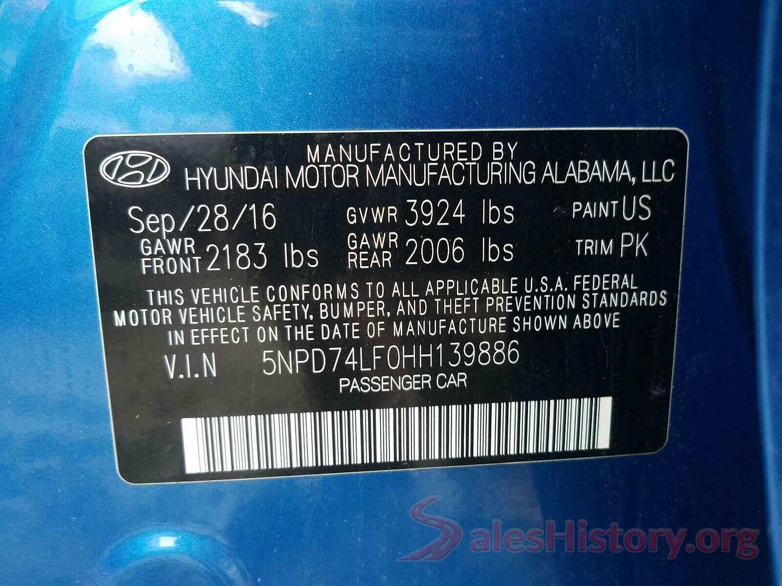 5NPD74LF0HH139886 2017 HYUNDAI ELANTRA