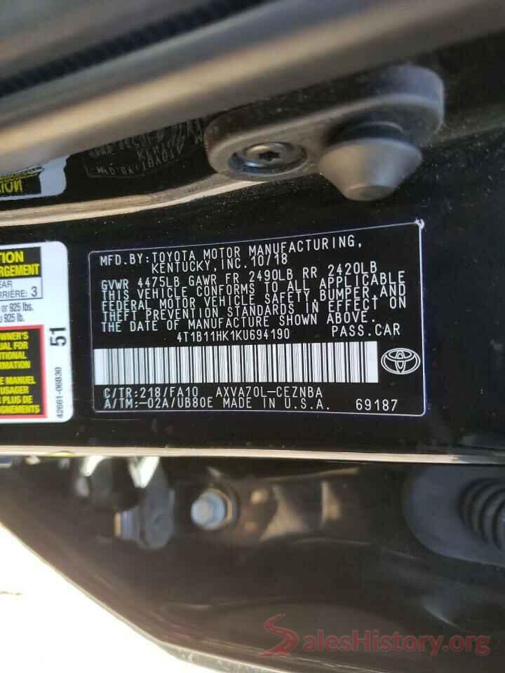 4T1B11HK1KU694190 2019 TOYOTA CAMRY