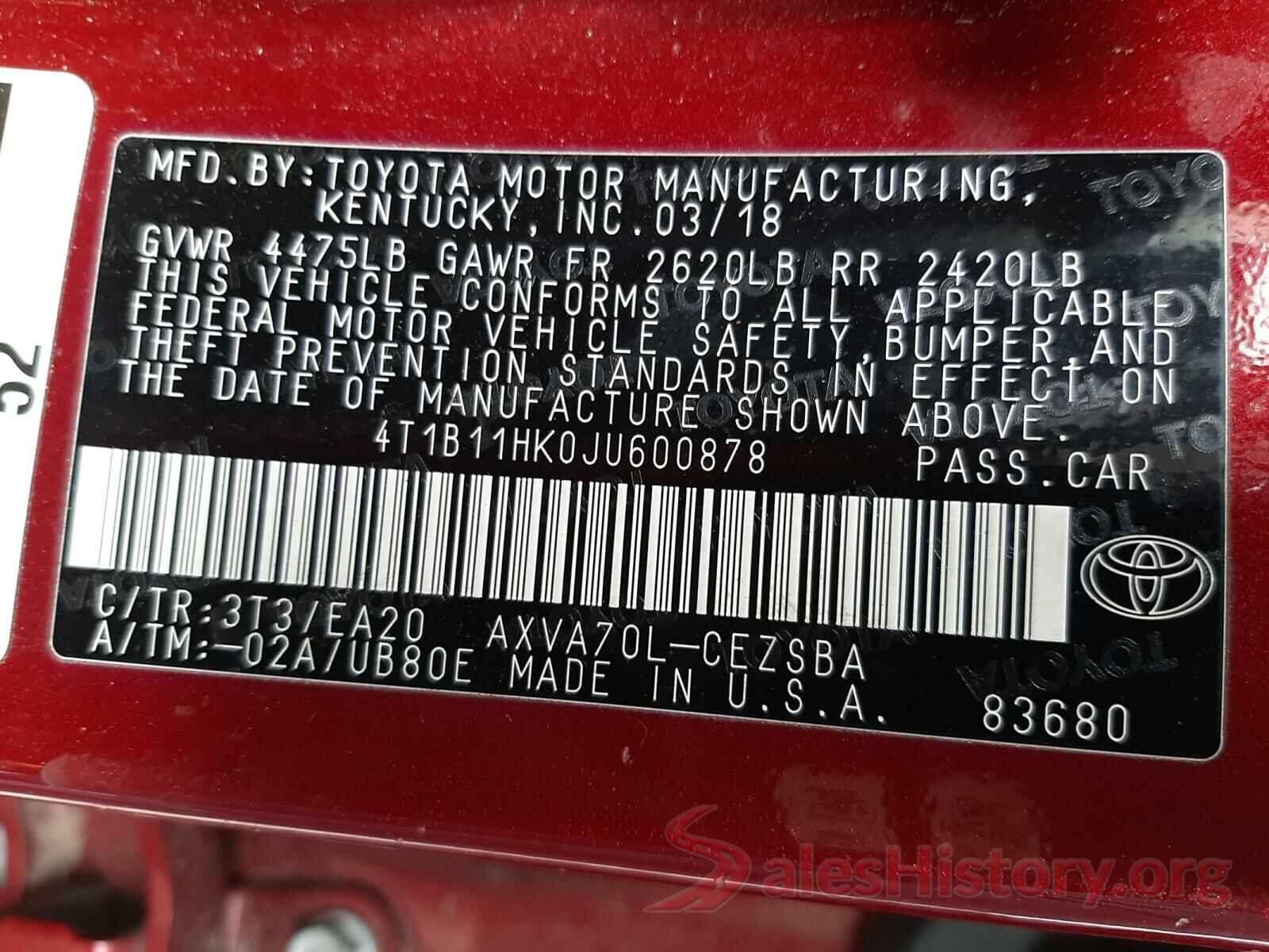 4T1B11HK0JU600878 2018 TOYOTA CAMRY