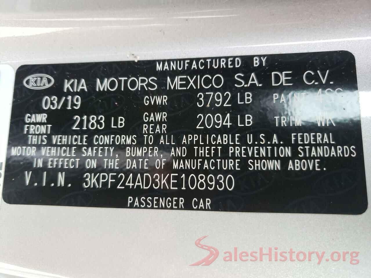 3KPF24AD3KE108930 2019 KIA FORTE