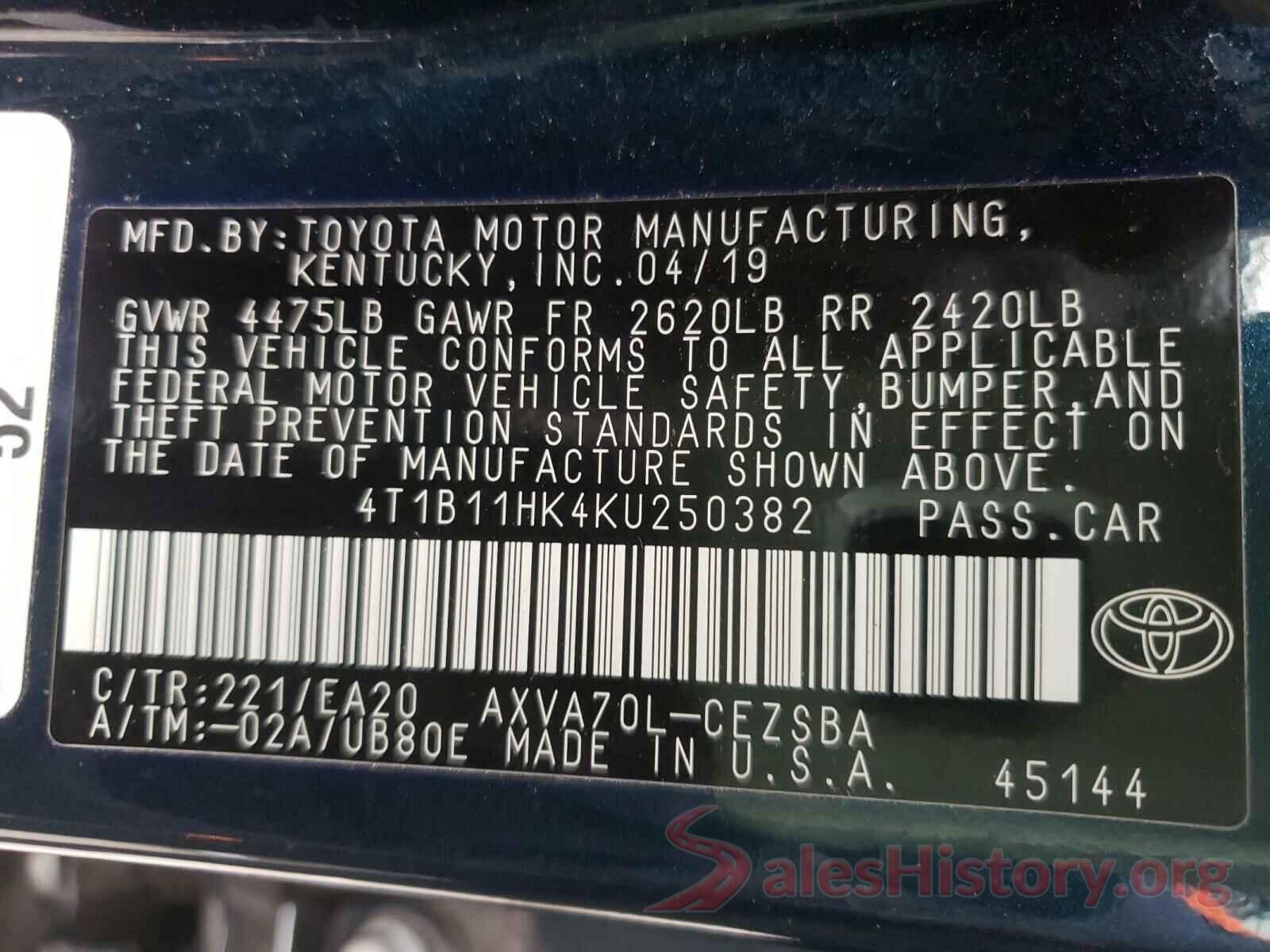 4T1B11HK4KU250382 2019 TOYOTA CAMRY