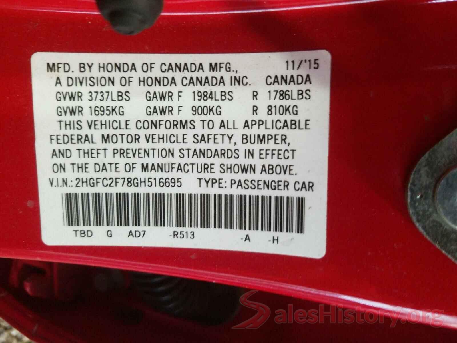 2HGFC2F78GH516695 2016 HONDA CIVIC