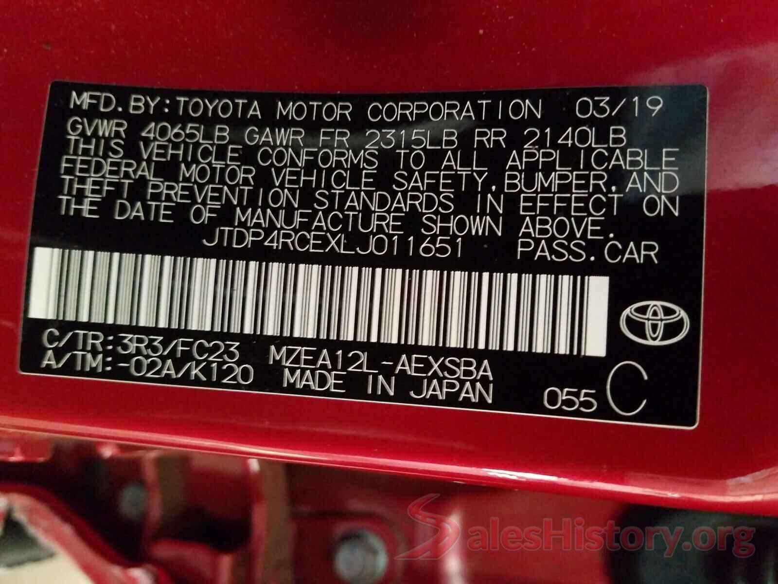 JTDP4RCEXLJ011651 2020 TOYOTA COROLLA