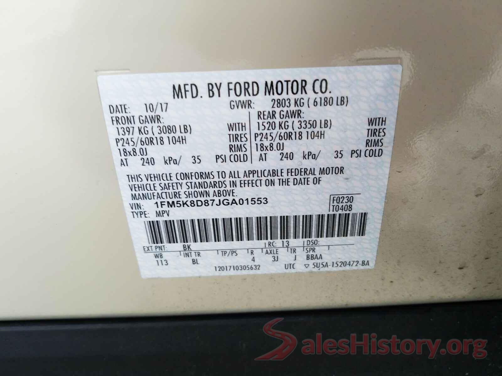 1FM5K8D87JGA01553 2018 FORD EXPLORER