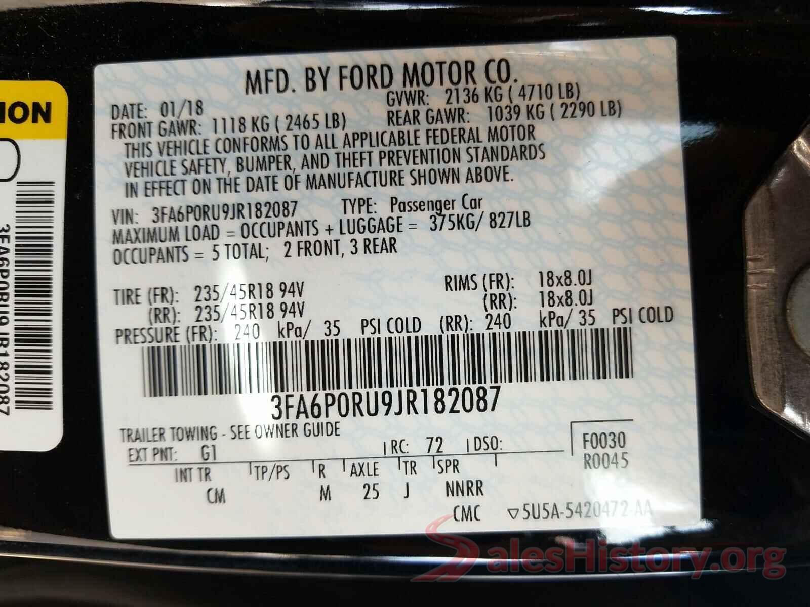 3FA6P0RU9JR182087 2018 FORD FUSION