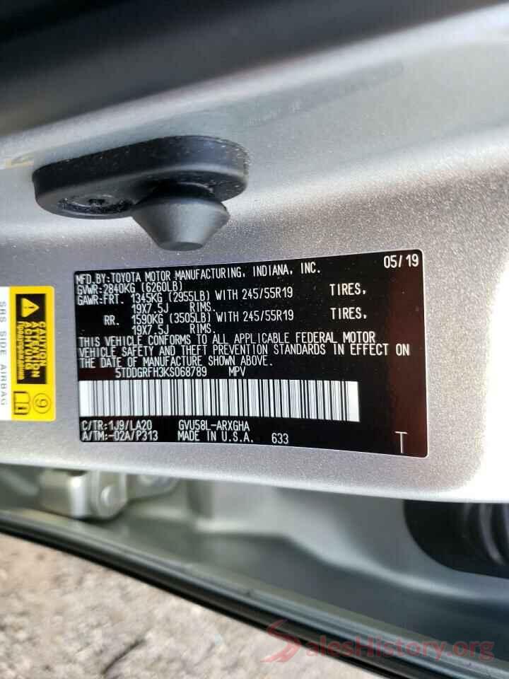 5TDDGRFH3KS068789 2019 TOYOTA HIGHLANDER