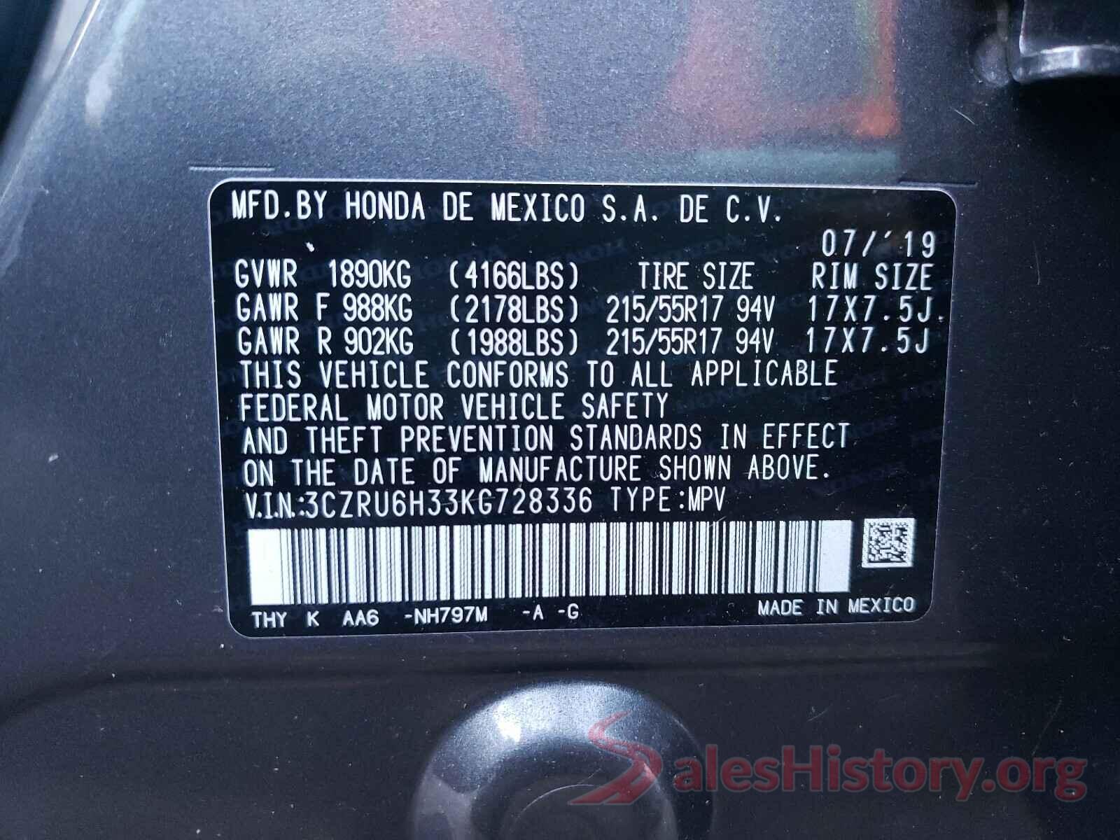 3CZRU6H33KG728336 2019 HONDA HR-V