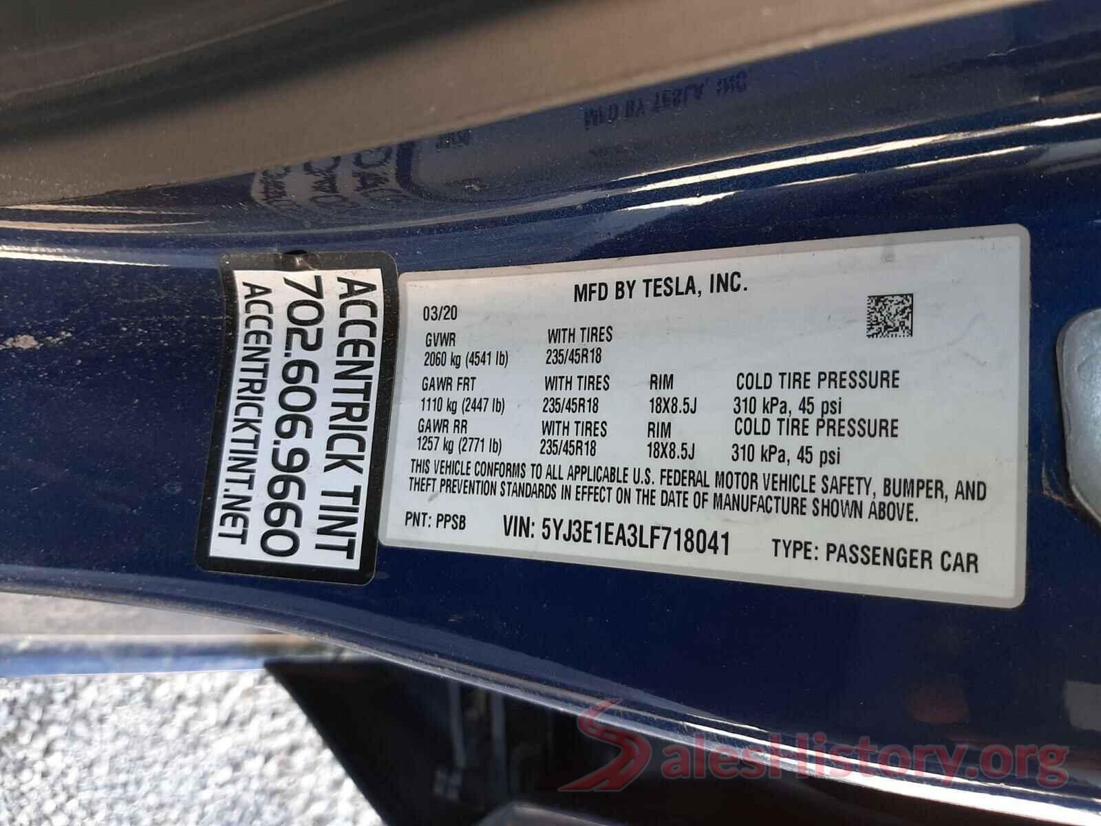 5YJ3E1EA3LF718041 2020 TESLA MODEL 3