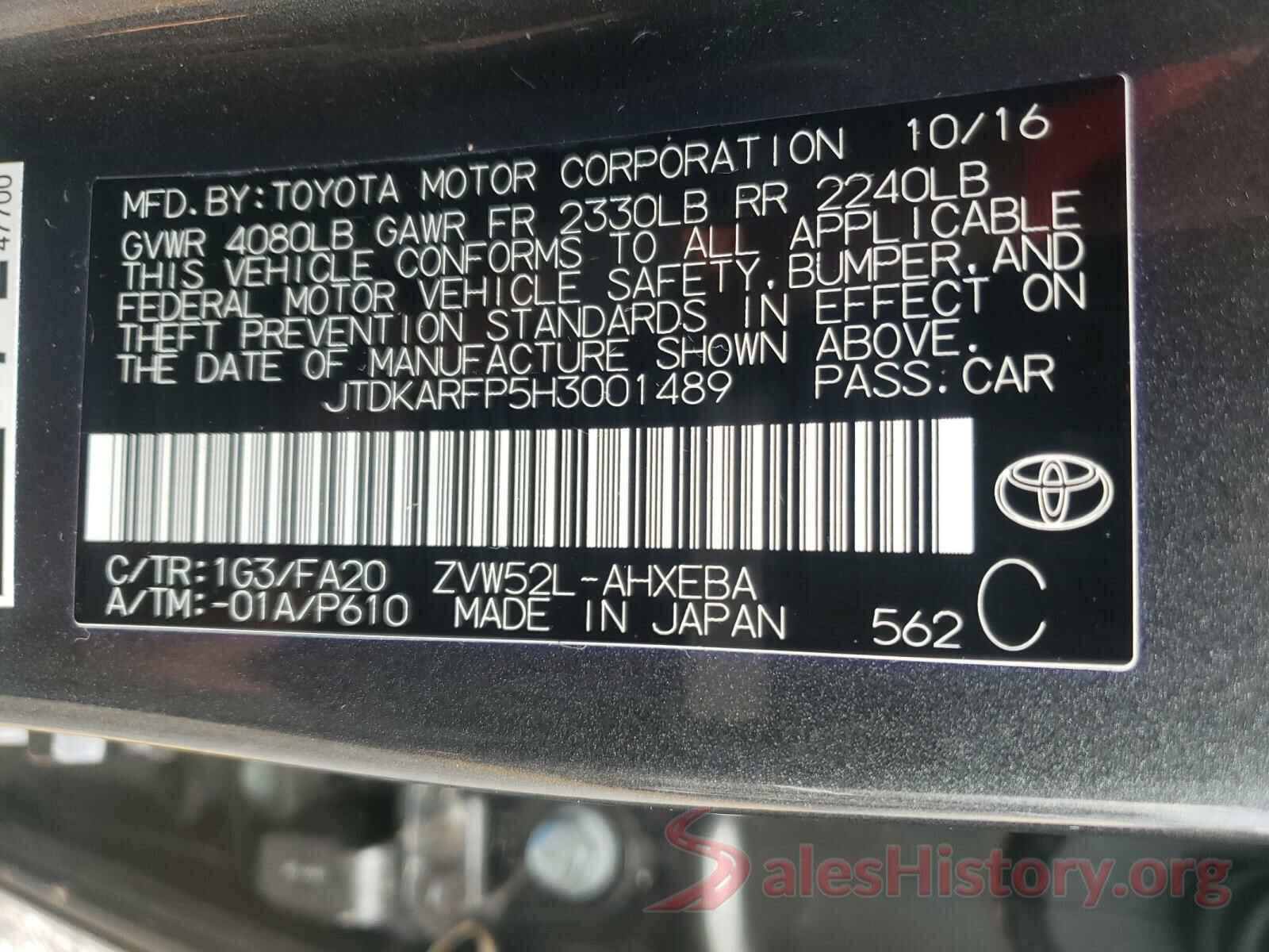 JTDKARFP5H3001489 2017 TOYOTA PRIUS