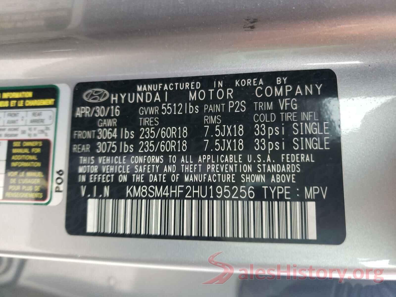 KM8SM4HF2HU195256 2017 HYUNDAI SANTA FE