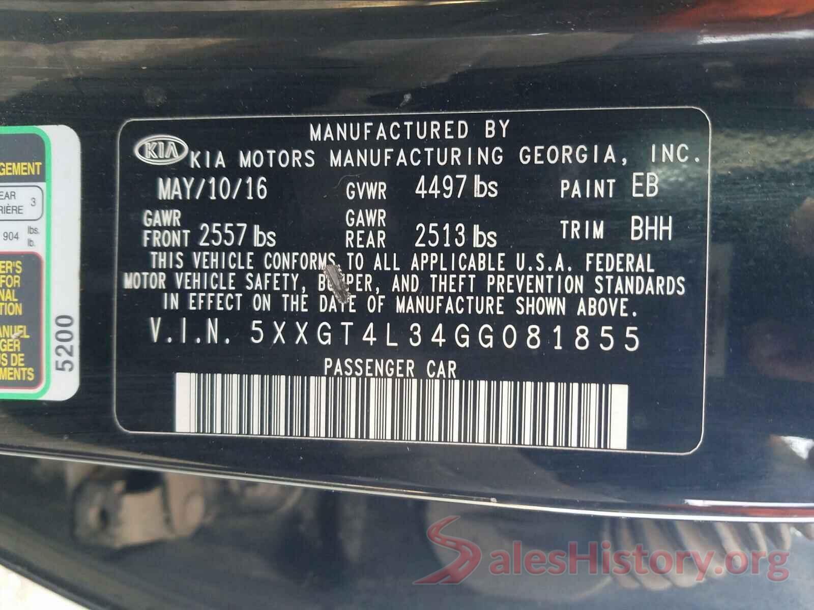 5XXGT4L34GG081855 2016 KIA OPTIMA