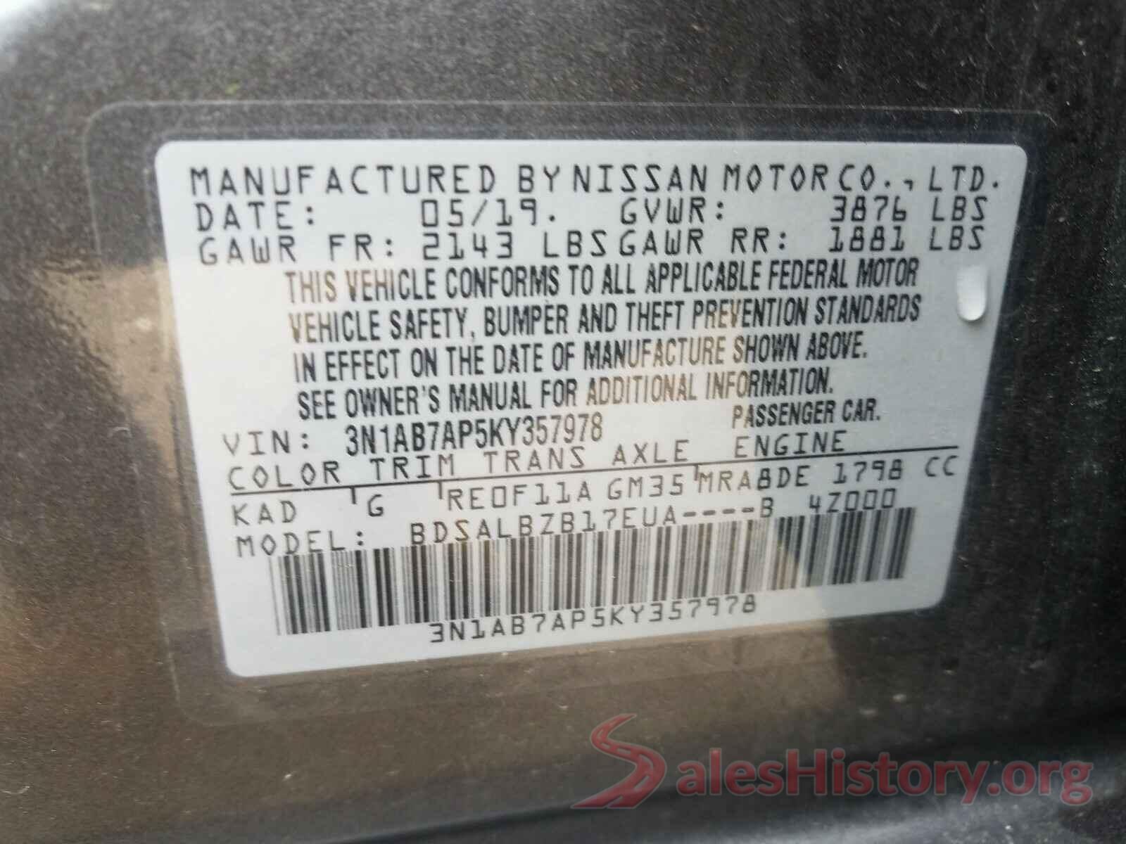 3N1AB7AP5KY357978 2019 NISSAN SENTRA