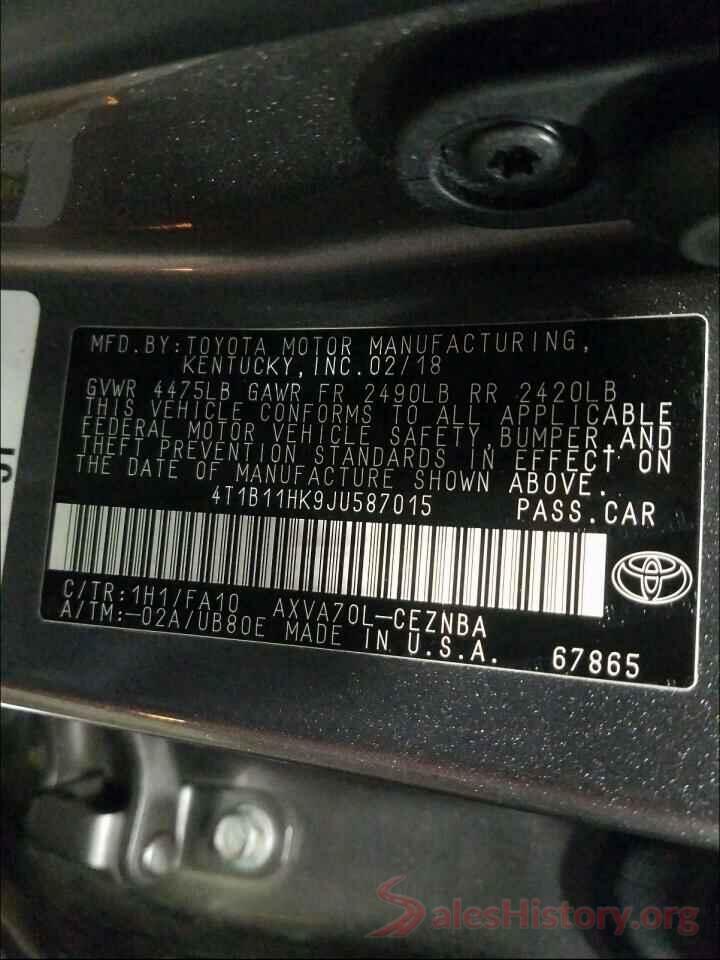 4T1B11HK9JU587015 2018 TOYOTA CAMRY