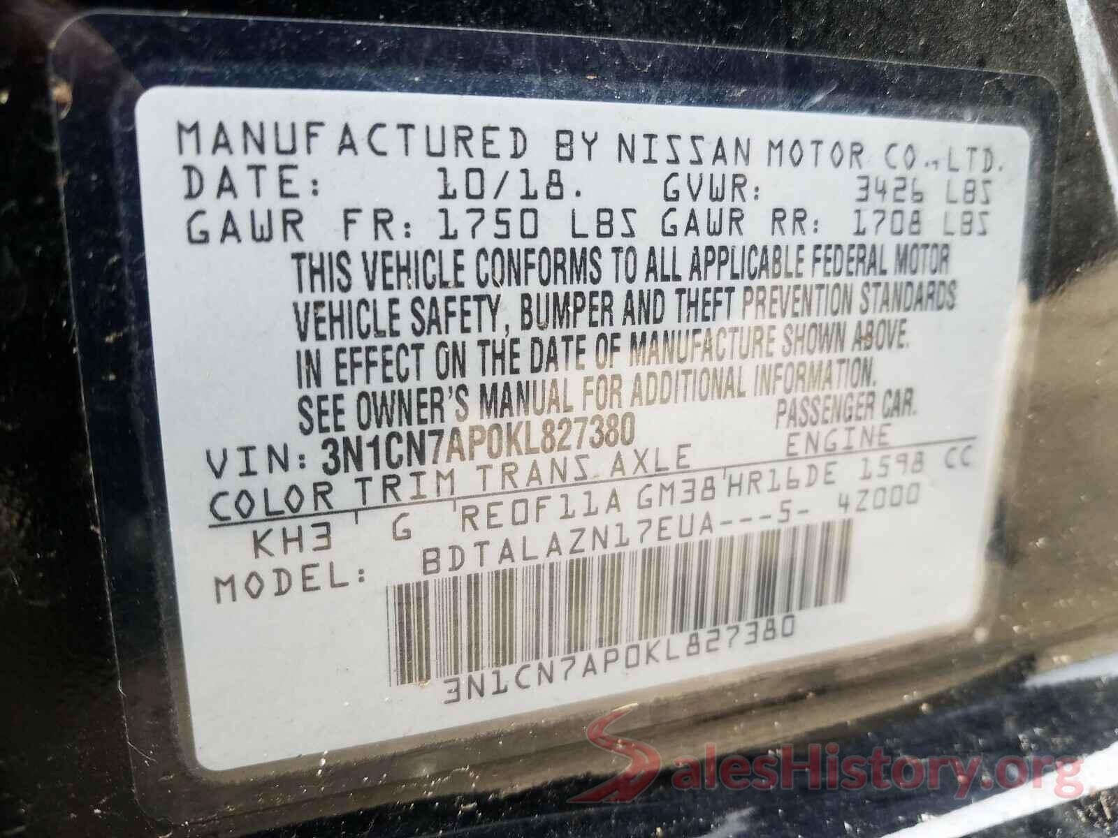 3N1CN7AP0KL827380 2019 NISSAN VERSA