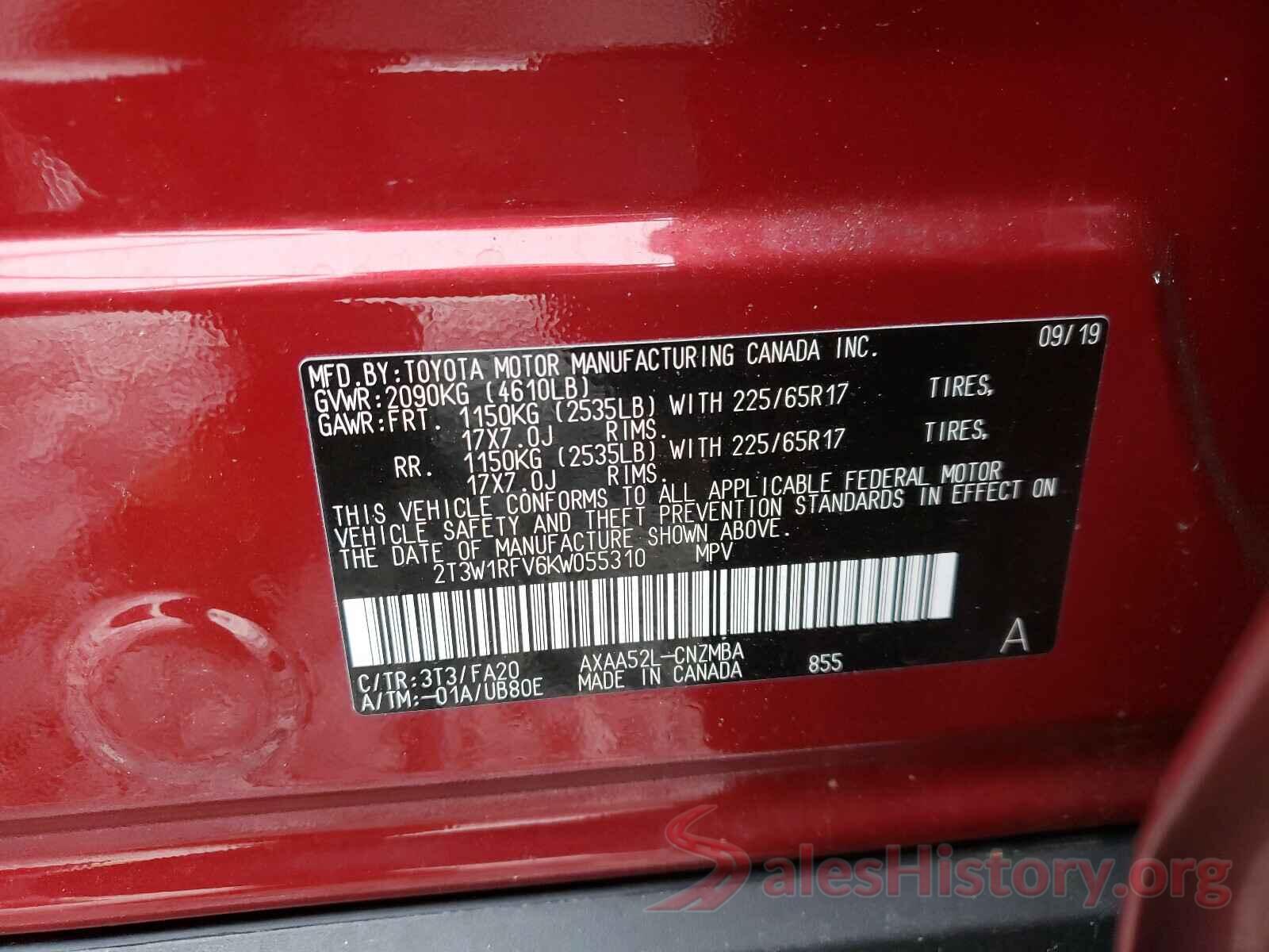 2T3W1RFV6KW055310 2019 TOYOTA RAV4