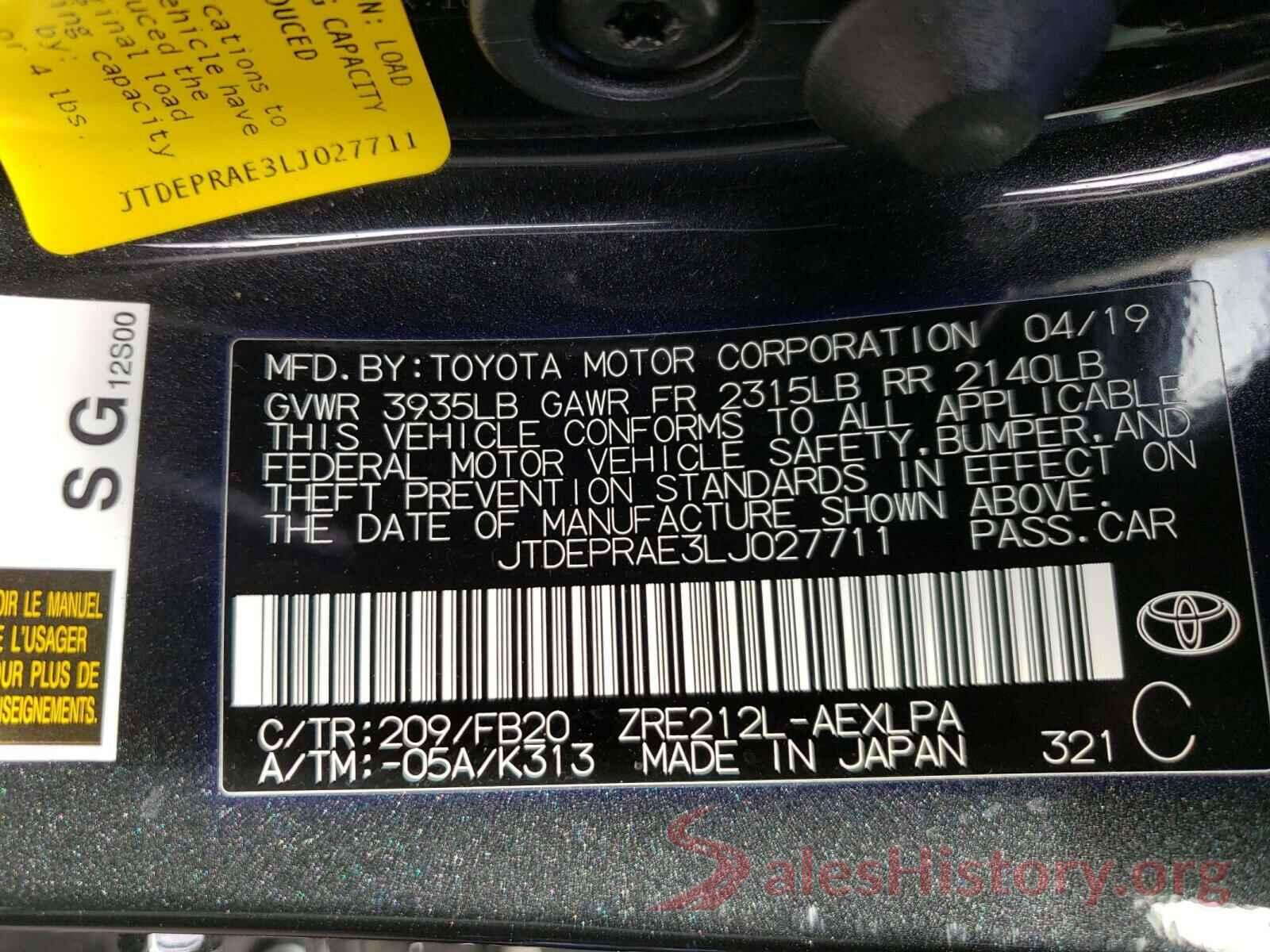 JTDEPRAE3LJ027711 2020 TOYOTA COROLLA